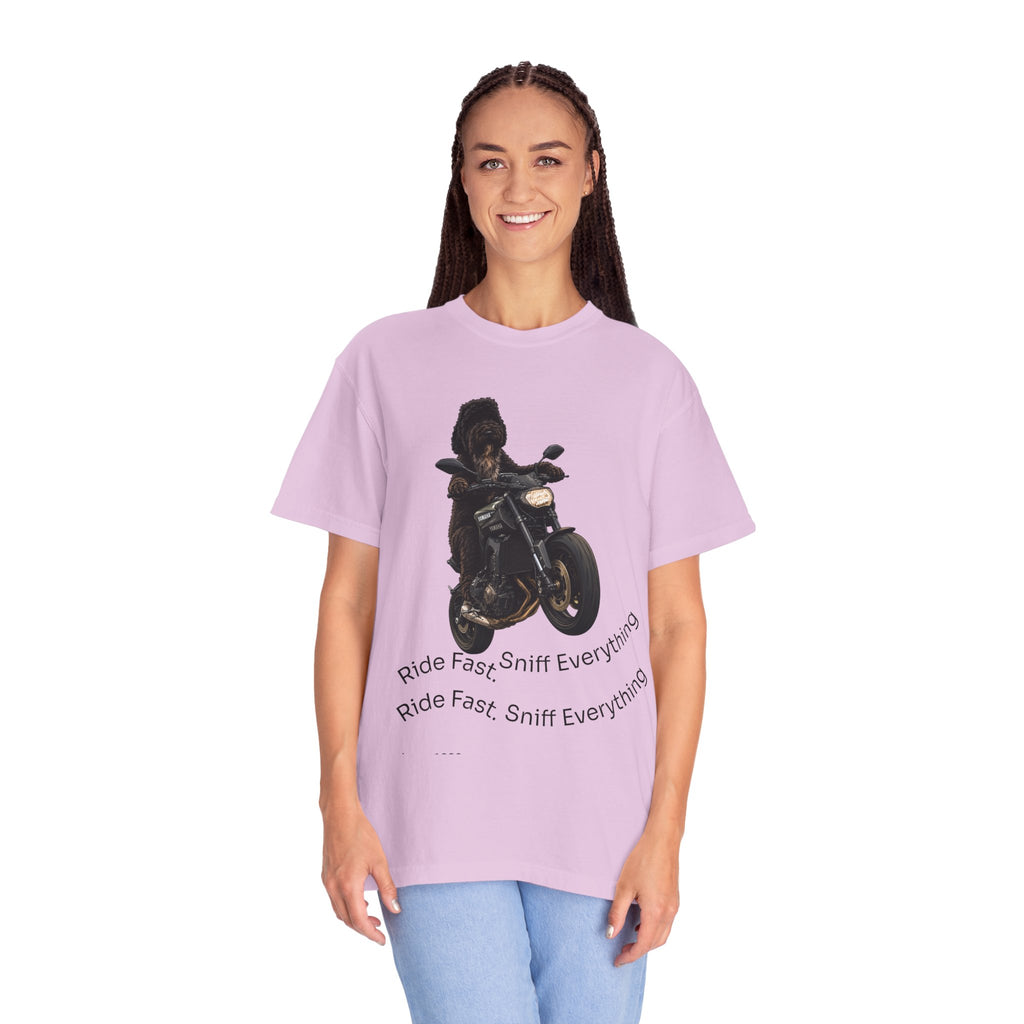 Dog Motorcycle Tee — "Ride Fast, Sniff Everything" Graphic T-Shirt