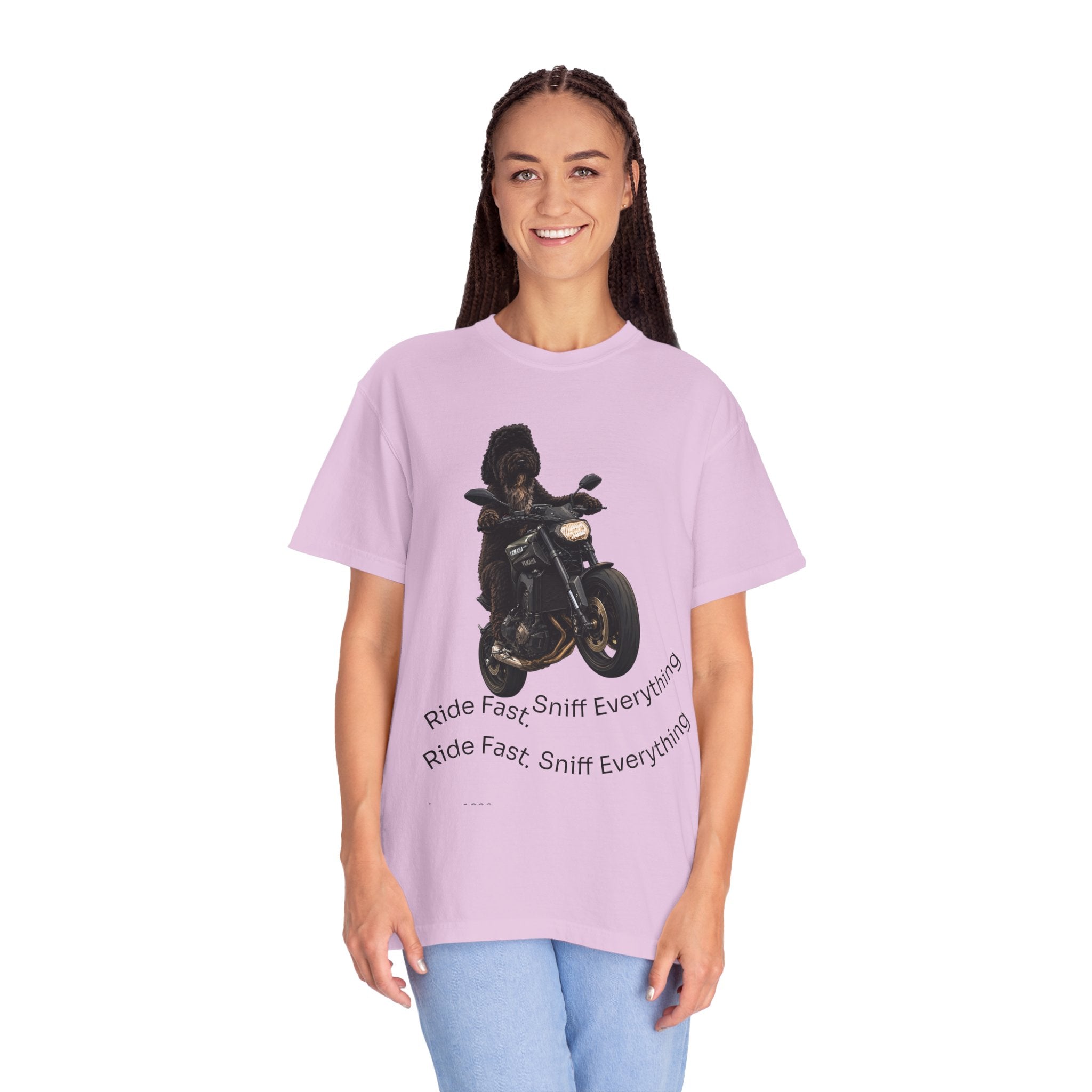 Dog Motorcycle Tee — "Ride Fast, Sniff Everything" Graphic T-Shirt