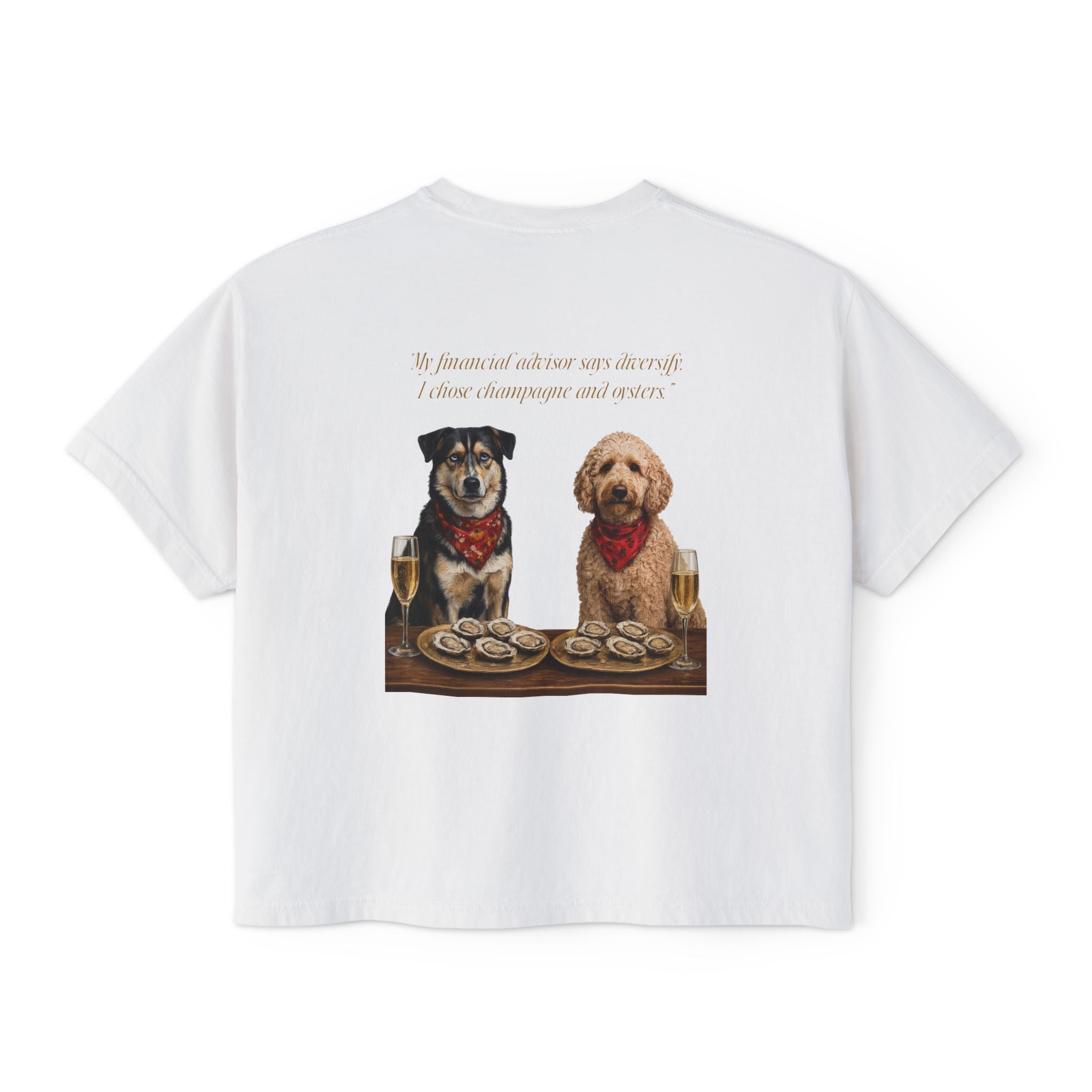 Barnshire CC "Champagne Dogs" Boxy Tee — Cute Dogs & Oysters Graphic