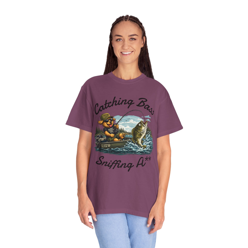 Fishing Dog T-Shirt — Cute Dog Angler in Boat Catching Big Bass