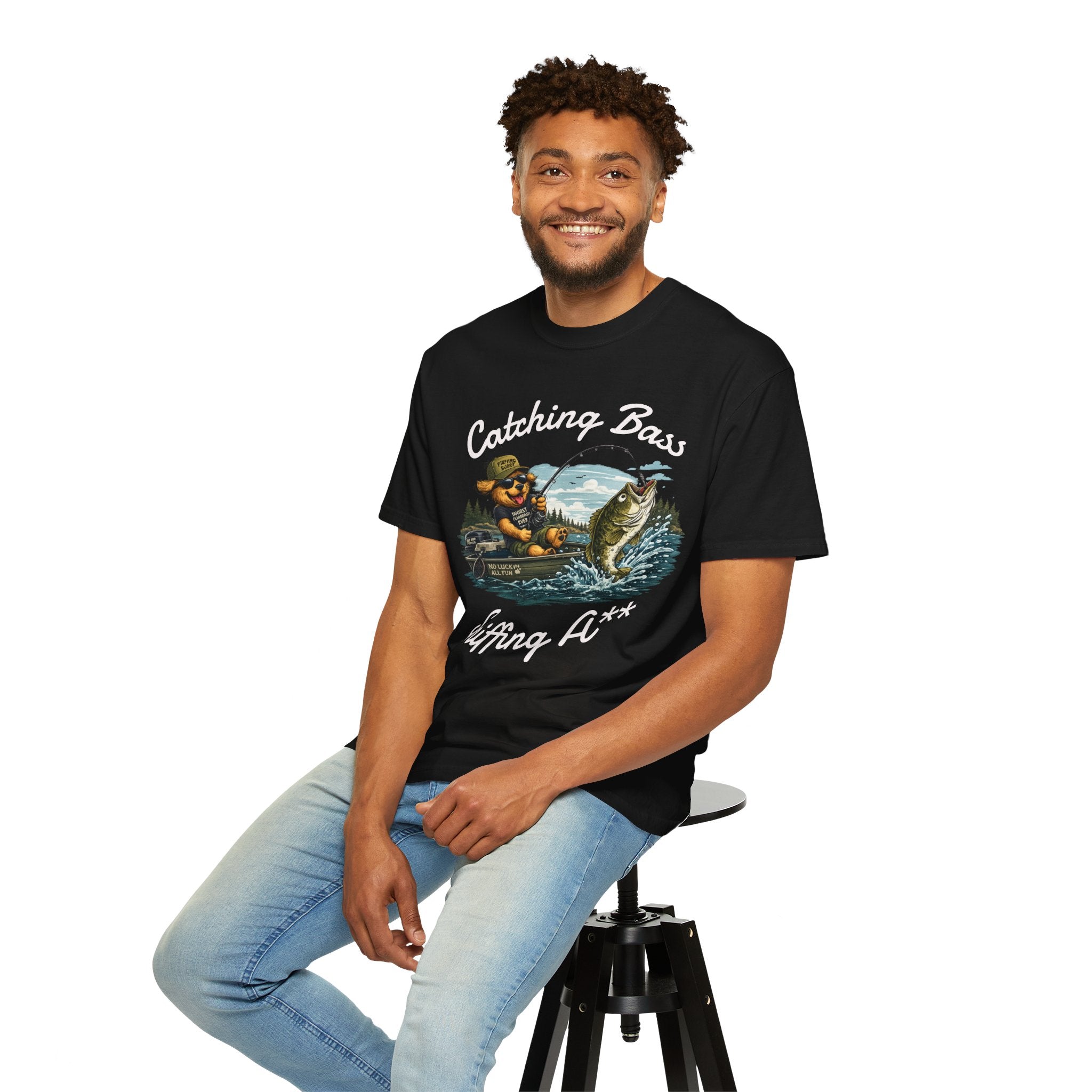 Fishing Dog T-Shirt — Cute Dog Angler in Boat Catching Big Bass