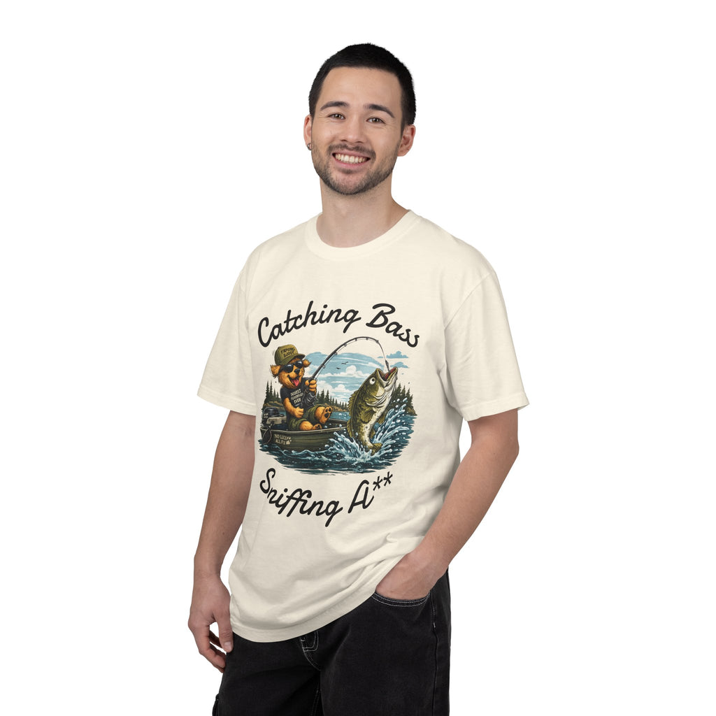 Fishing Dog T-Shirt — Cute Dog Angler in Boat Catching Big Bass