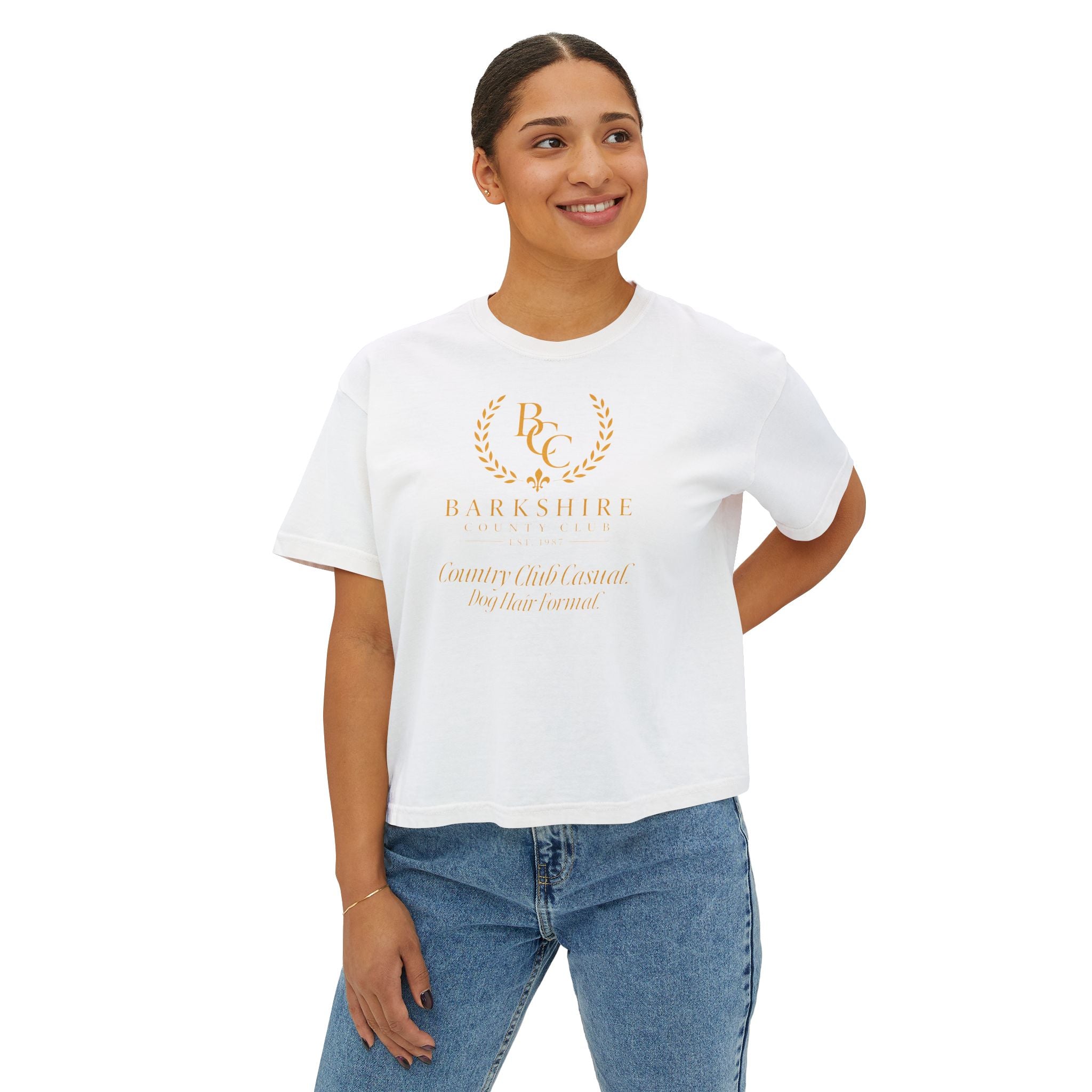 Barnshire CC "Champagne Dogs" Boxy Tee — Cute Dogs & Oysters Graphic