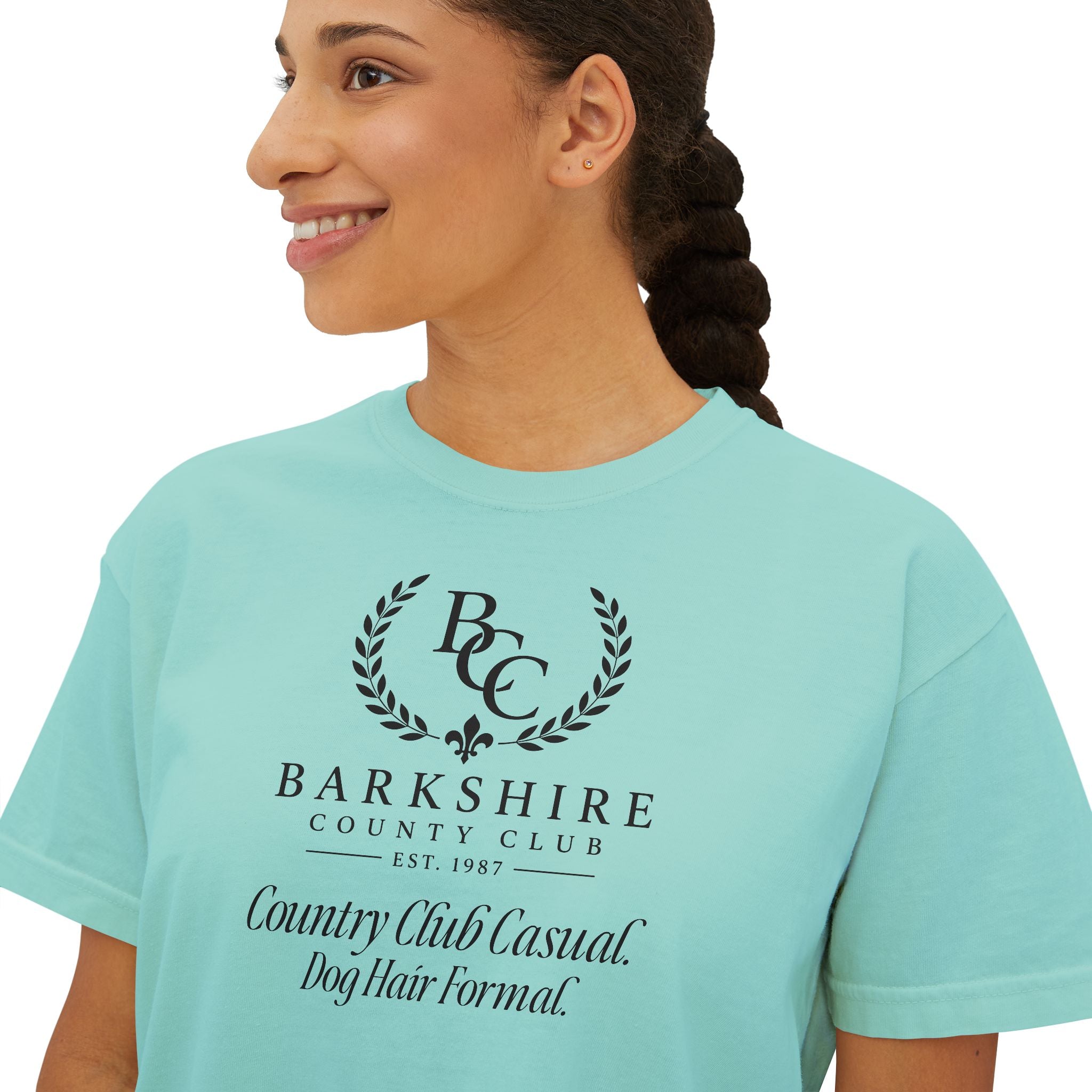 Barnshire CC "Champagne Dogs" Boxy Tee — Cute Dogs & Oysters Graphic