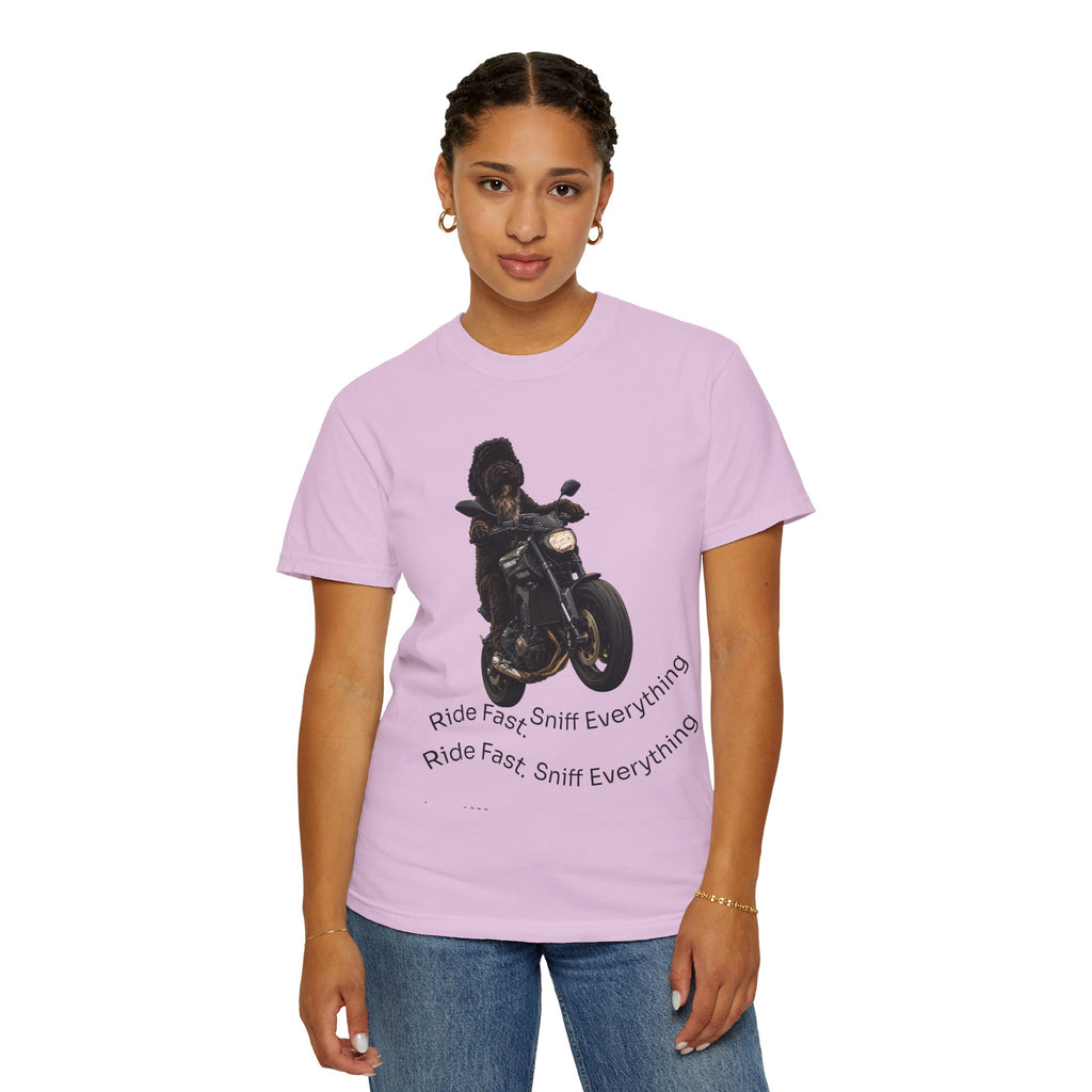 Dog Motorcycle Tee — "Ride Fast, Sniff Everything" Graphic T-Shirt