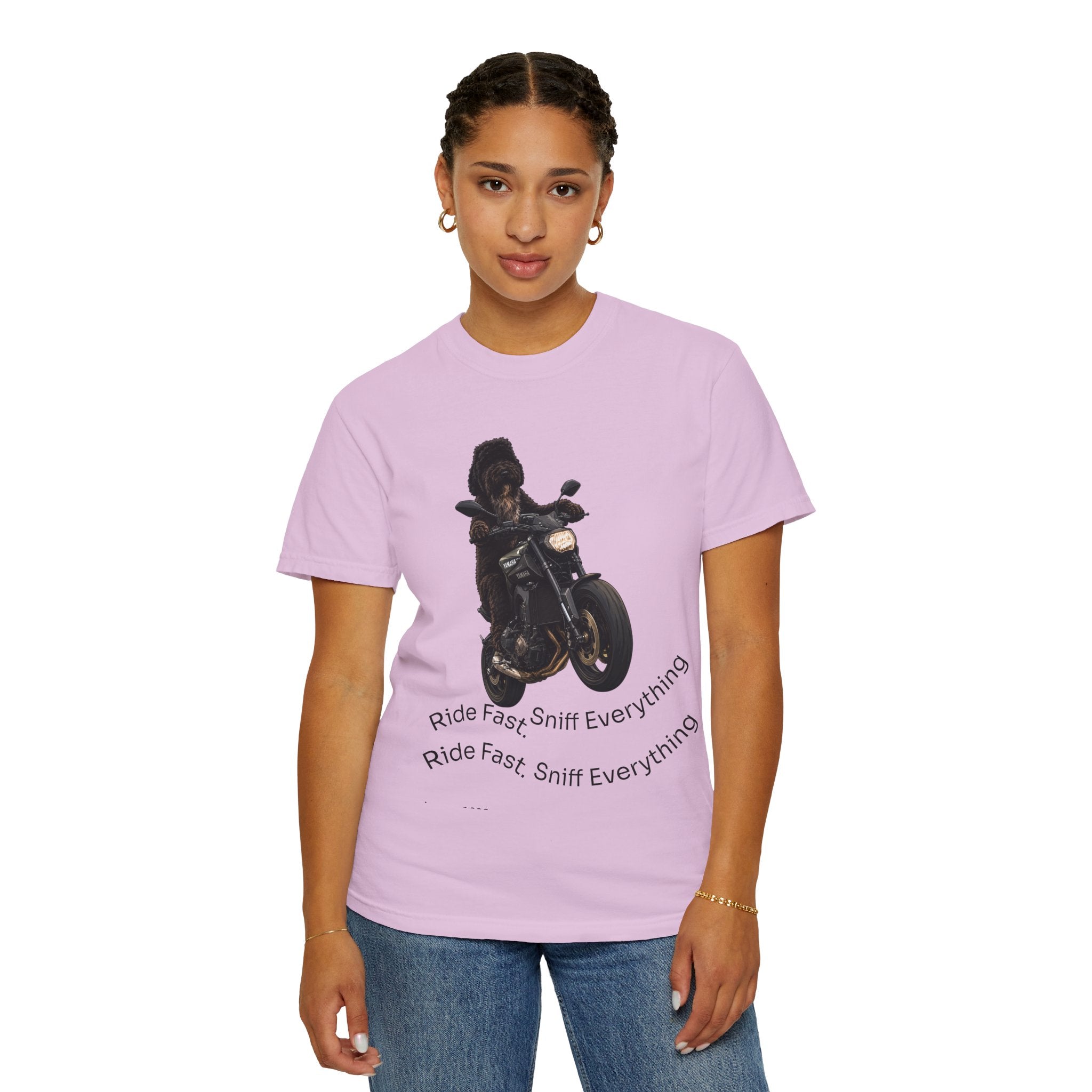 Dog Motorcycle Tee — "Ride Fast, Sniff Everything" Graphic T-Shirt