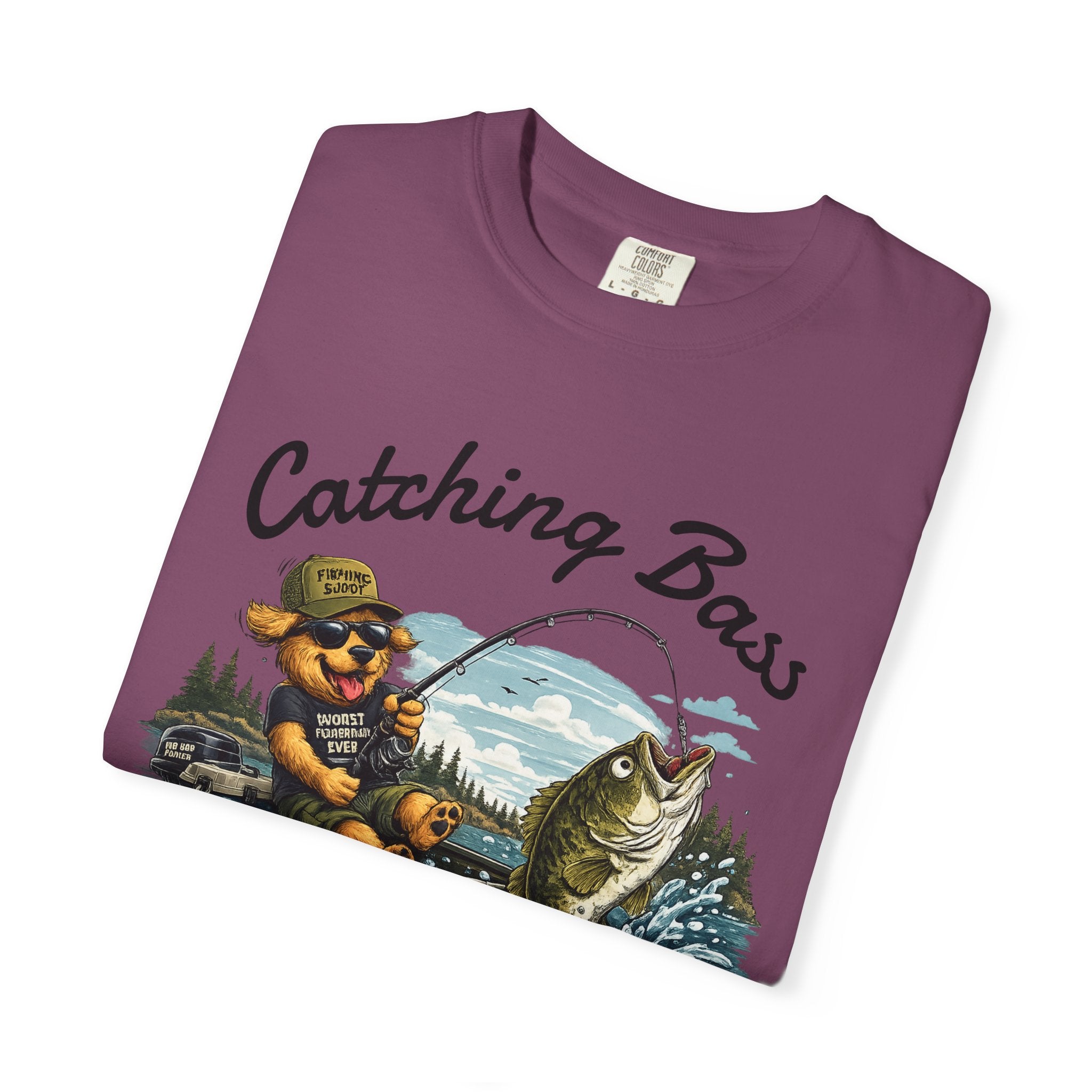 Fishing Dog T-Shirt — Cute Dog Angler in Boat Catching Big Bass