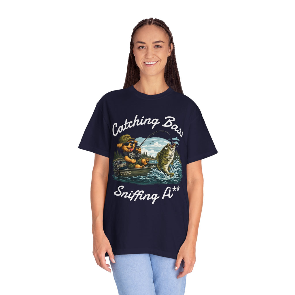 Fishing Dog T-Shirt — Cute Dog Angler in Boat Catching Big Bass