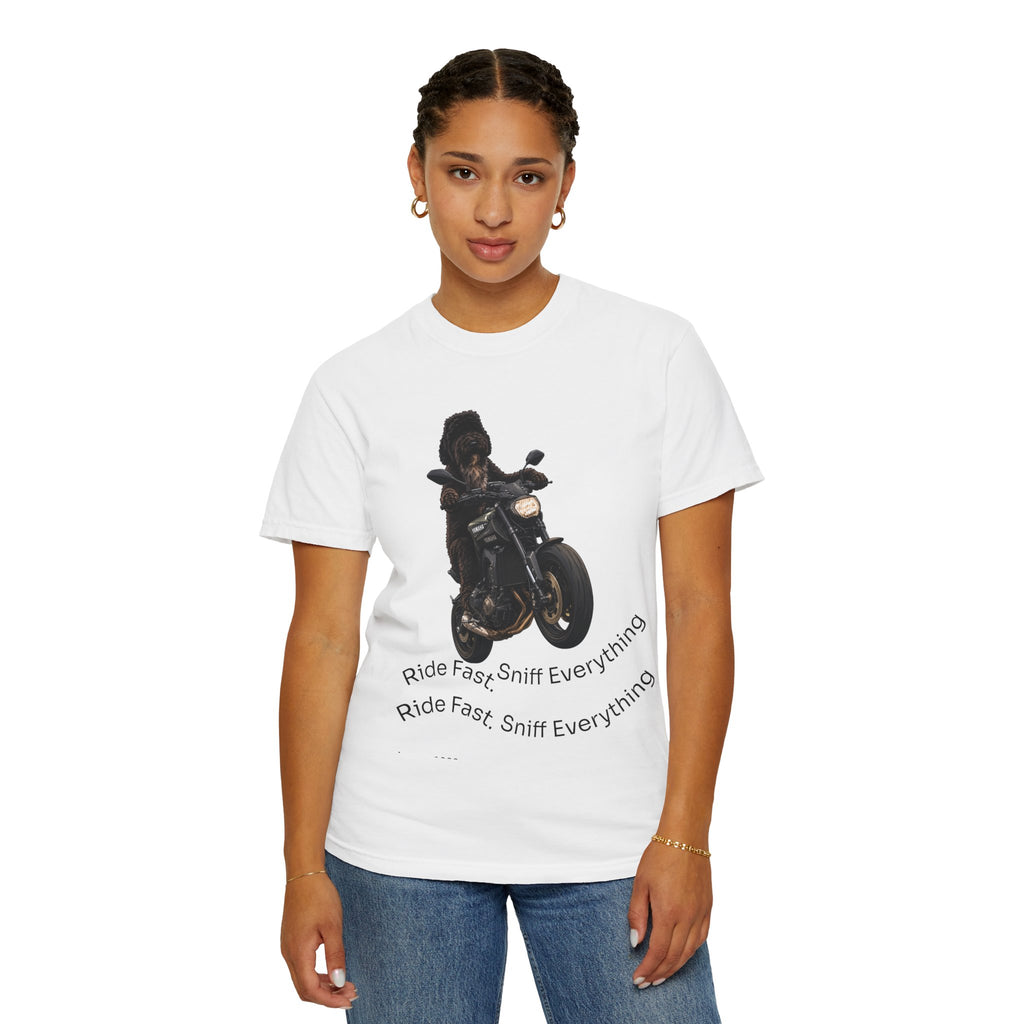 Dog Motorcycle Tee — "Ride Fast, Sniff Everything" Graphic T-Shirt