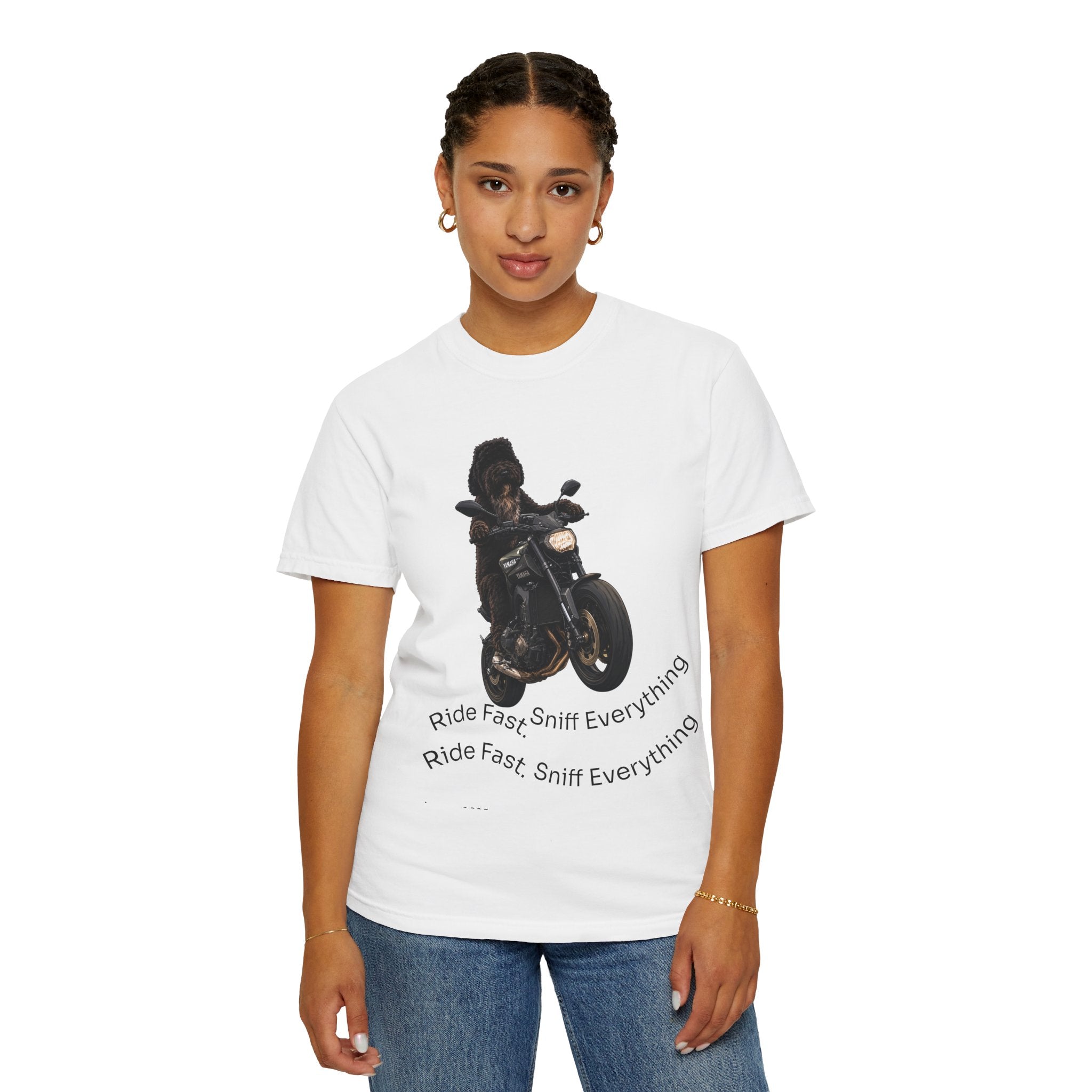 Dog Motorcycle Tee — "Ride Fast, Sniff Everything" Graphic T-Shirt