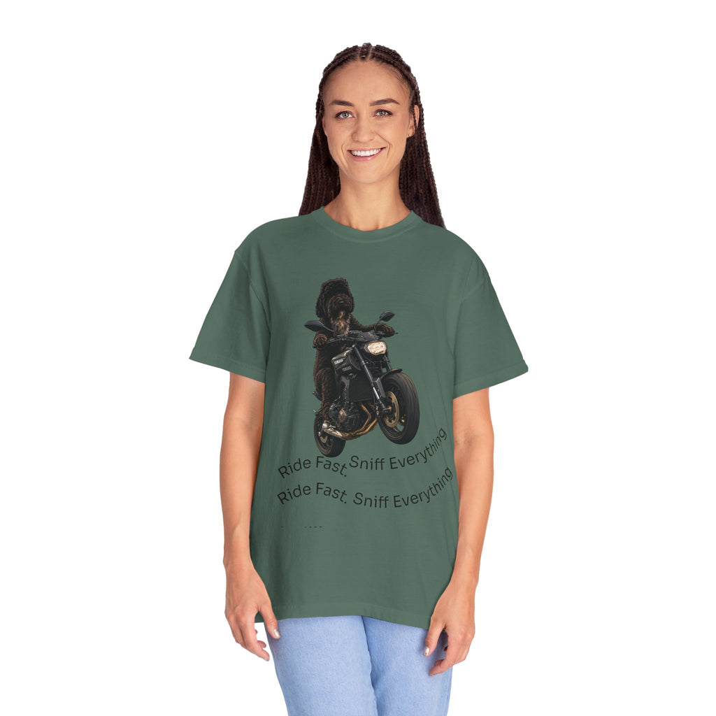 Dog Motorcycle Tee — "Ride Fast, Sniff Everything" Graphic T-Shirt