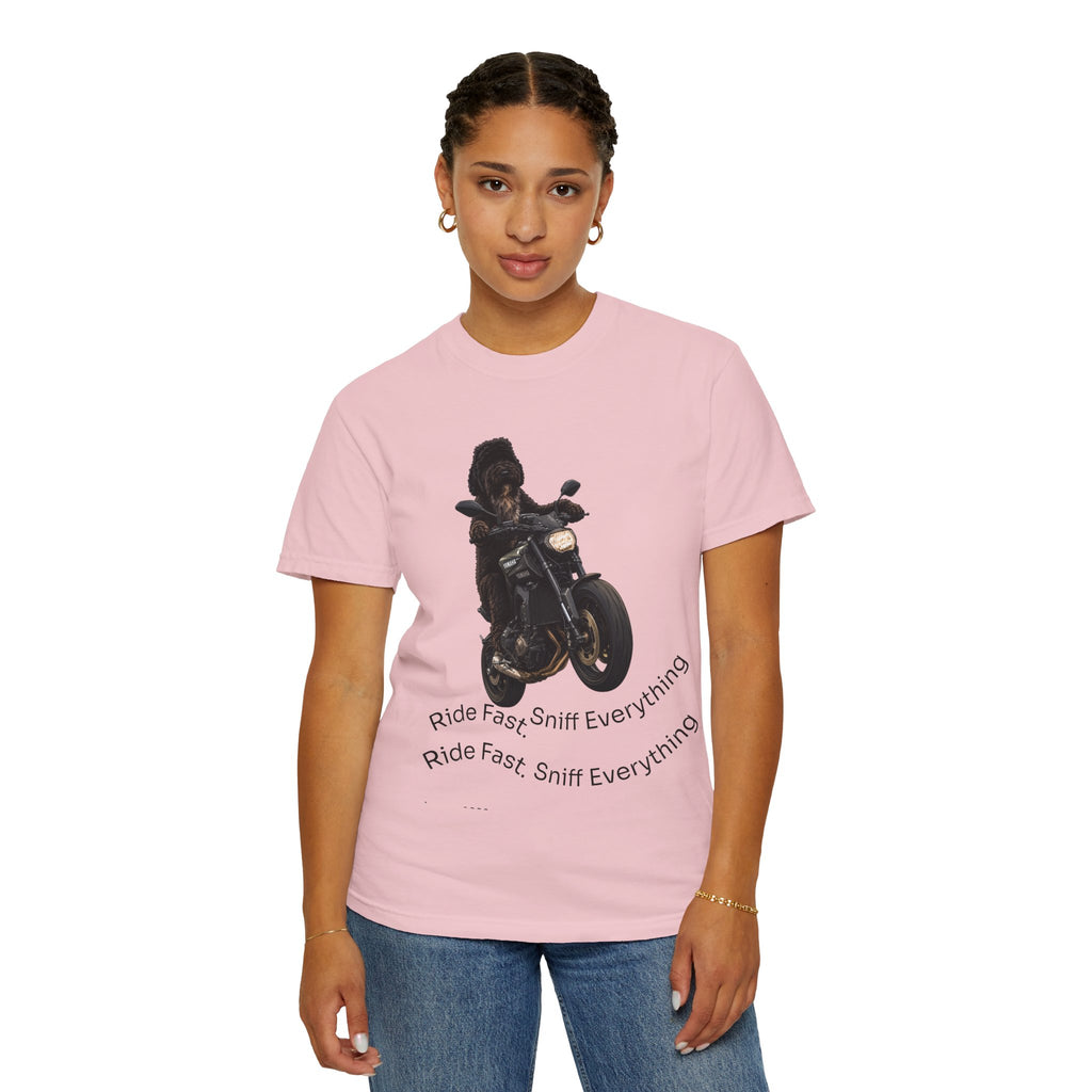 Dog Motorcycle Tee — "Ride Fast, Sniff Everything" Graphic T-Shirt