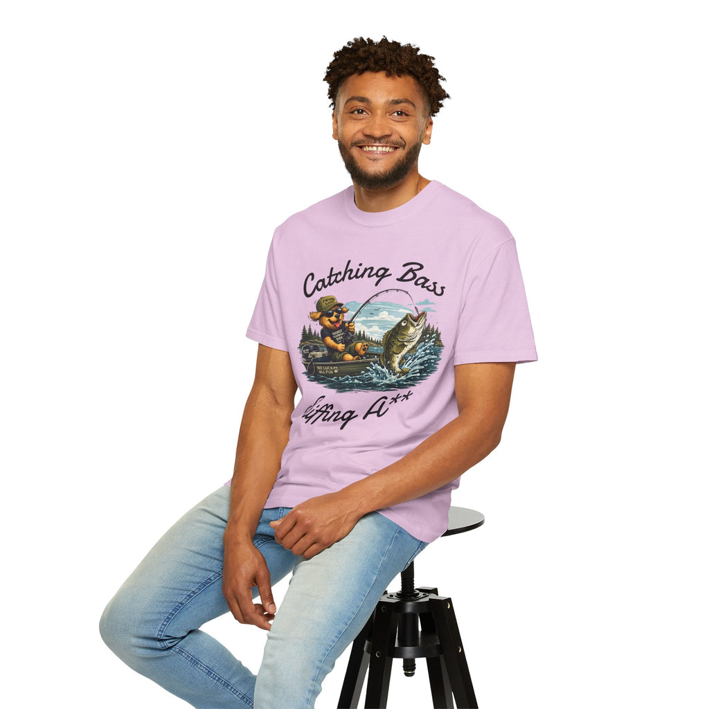 Fishing Dog T-Shirt — Cute Dog Angler in Boat Catching Big Bass