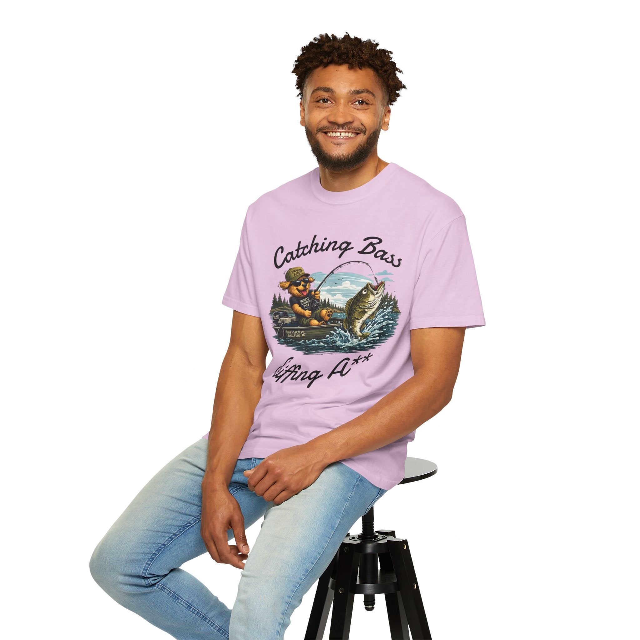 Fishing Dog T-Shirt — Cute Dog Angler in Boat Catching Big Bass