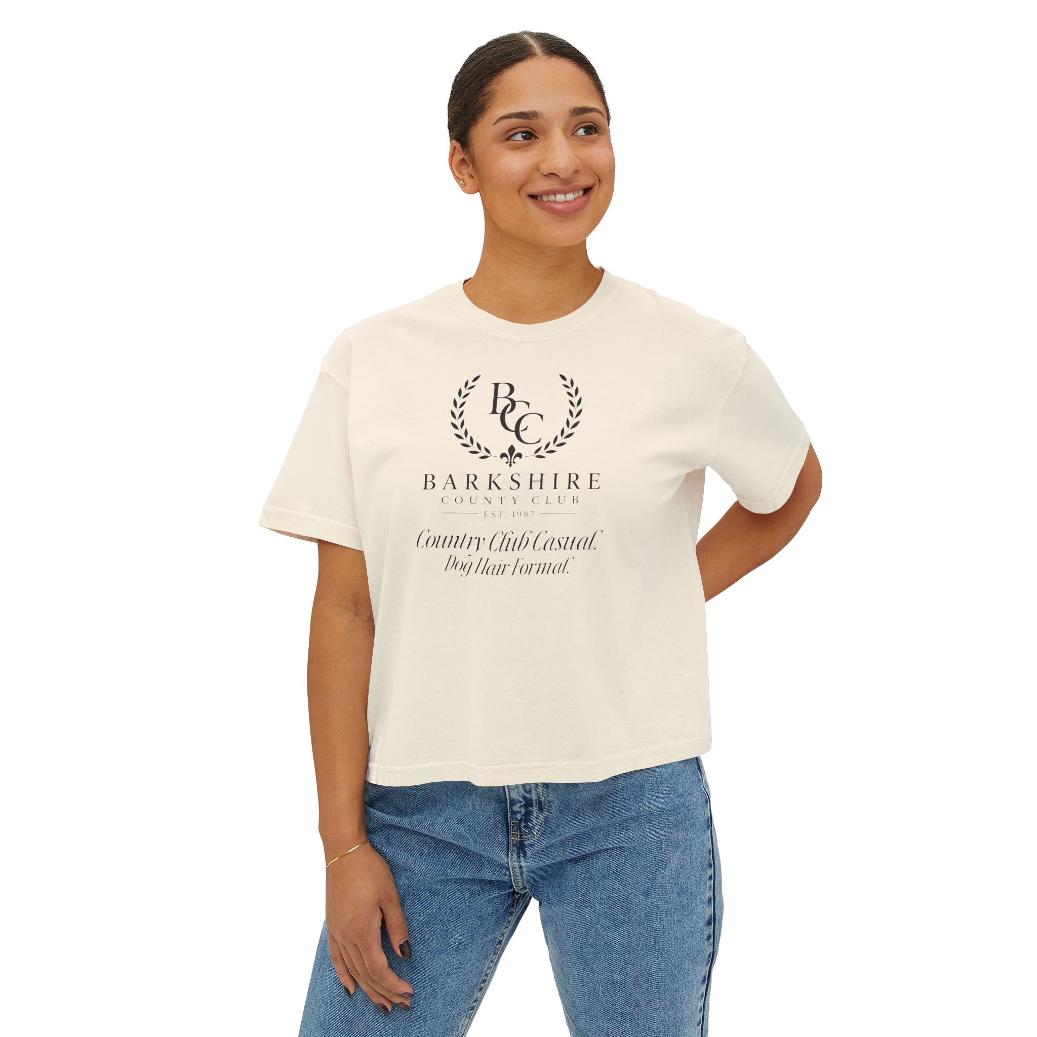 Barnshire CC "Champagne Dogs" Boxy Tee — Cute Dogs & Oysters Graphic