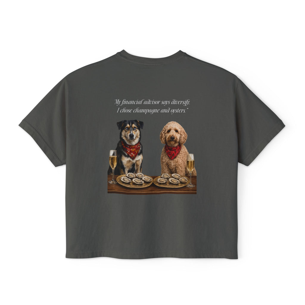 Barnshire CC "Champagne Dogs" Boxy Tee — Cute Dogs & Oysters Graphic