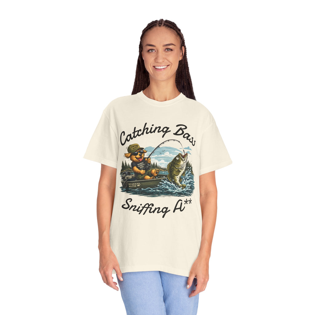 Fishing Dog T-Shirt — Cute Dog Angler in Boat Catching Big Bass