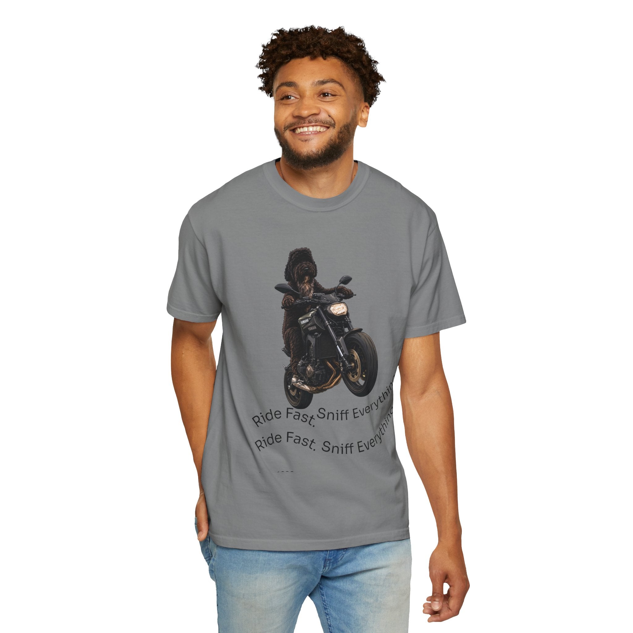 Dog Motorcycle Tee — "Ride Fast, Sniff Everything" Graphic T-Shirt