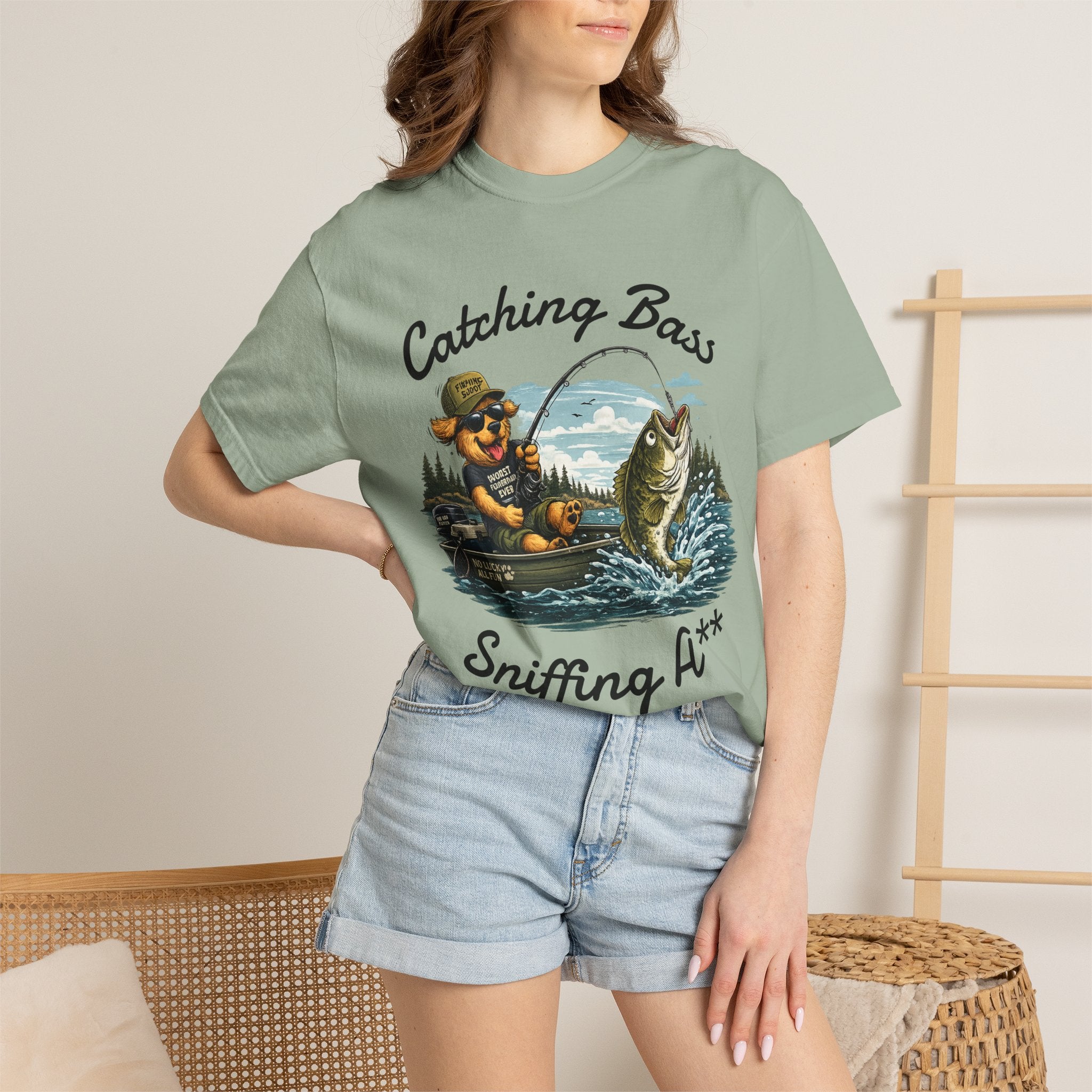 Fishing Dog T-Shirt — Cute Dog Angler in Boat Catching Big Bass