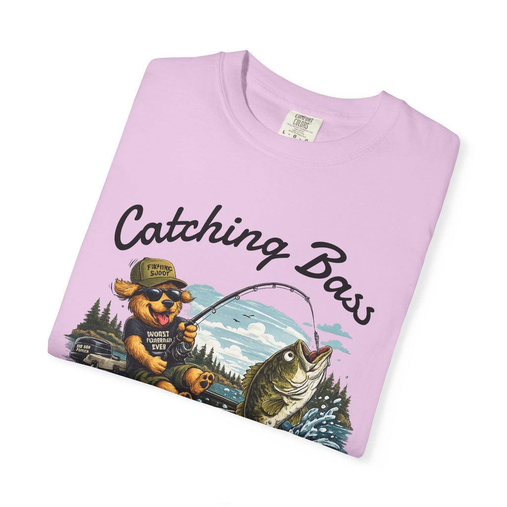 Fishing Dog T-Shirt — Cute Dog Angler in Boat Catching Big Bass