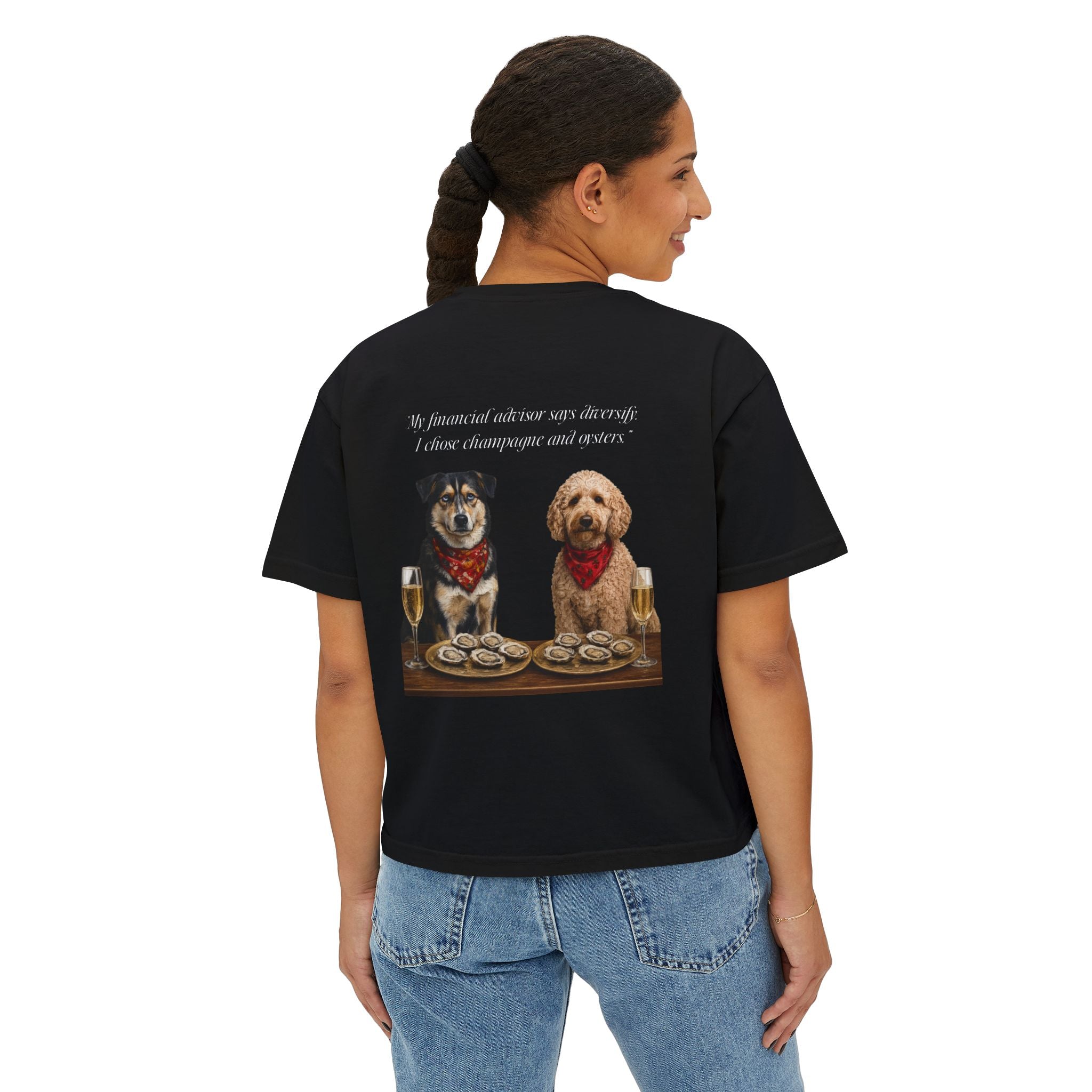 Barnshire CC "Champagne Dogs" Boxy Tee — Cute Dogs & Oysters Graphic