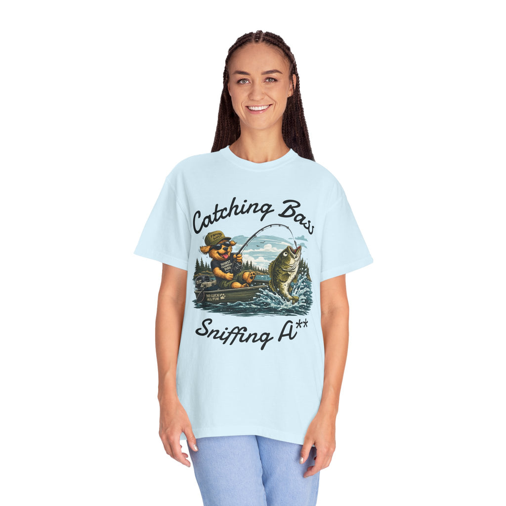 Fishing Dog T-Shirt — Cute Dog Angler in Boat Catching Big Bass