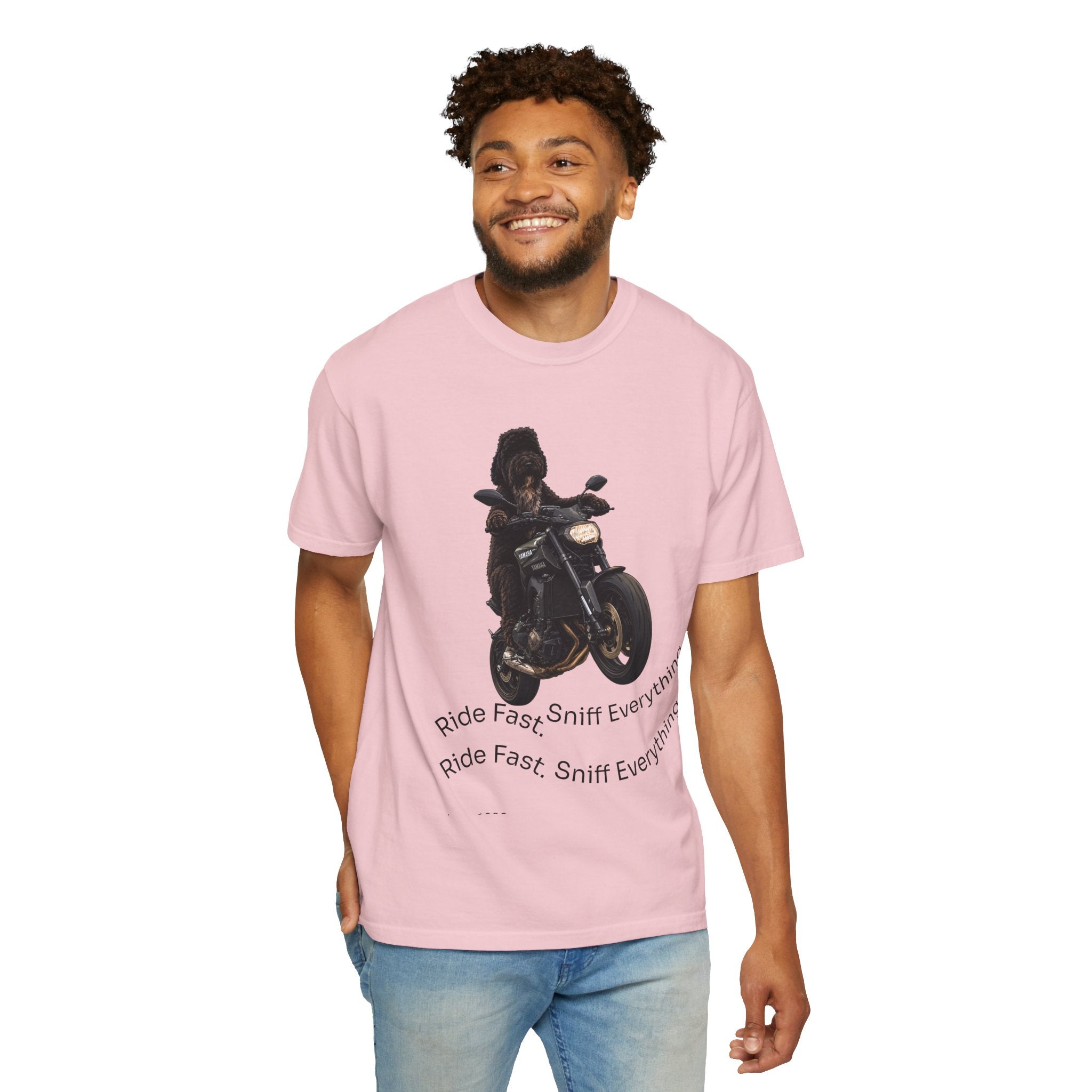 Dog Motorcycle Tee — "Ride Fast, Sniff Everything" Graphic T-Shirt