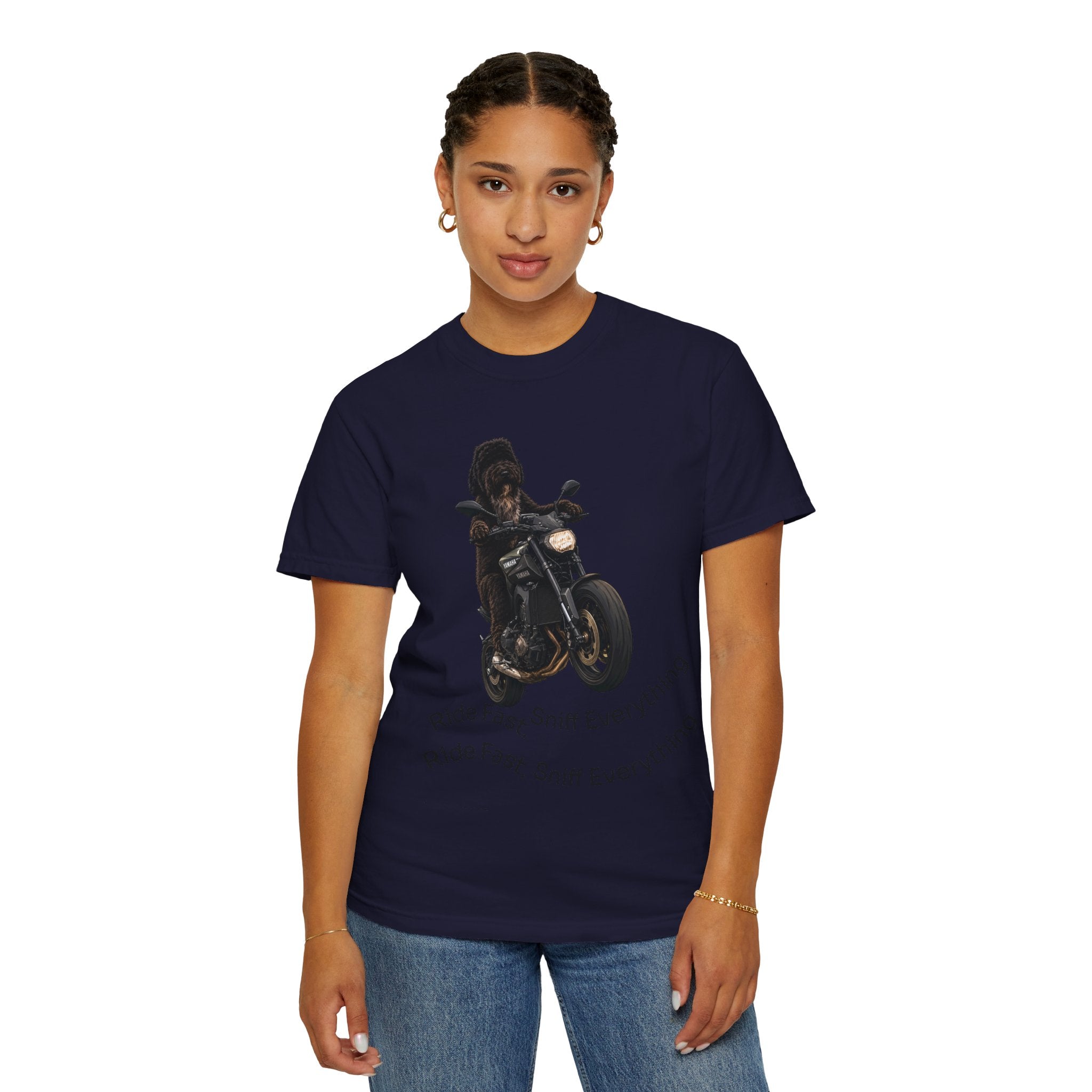 Dog Motorcycle Tee — "Ride Fast, Sniff Everything" Graphic T-Shirt