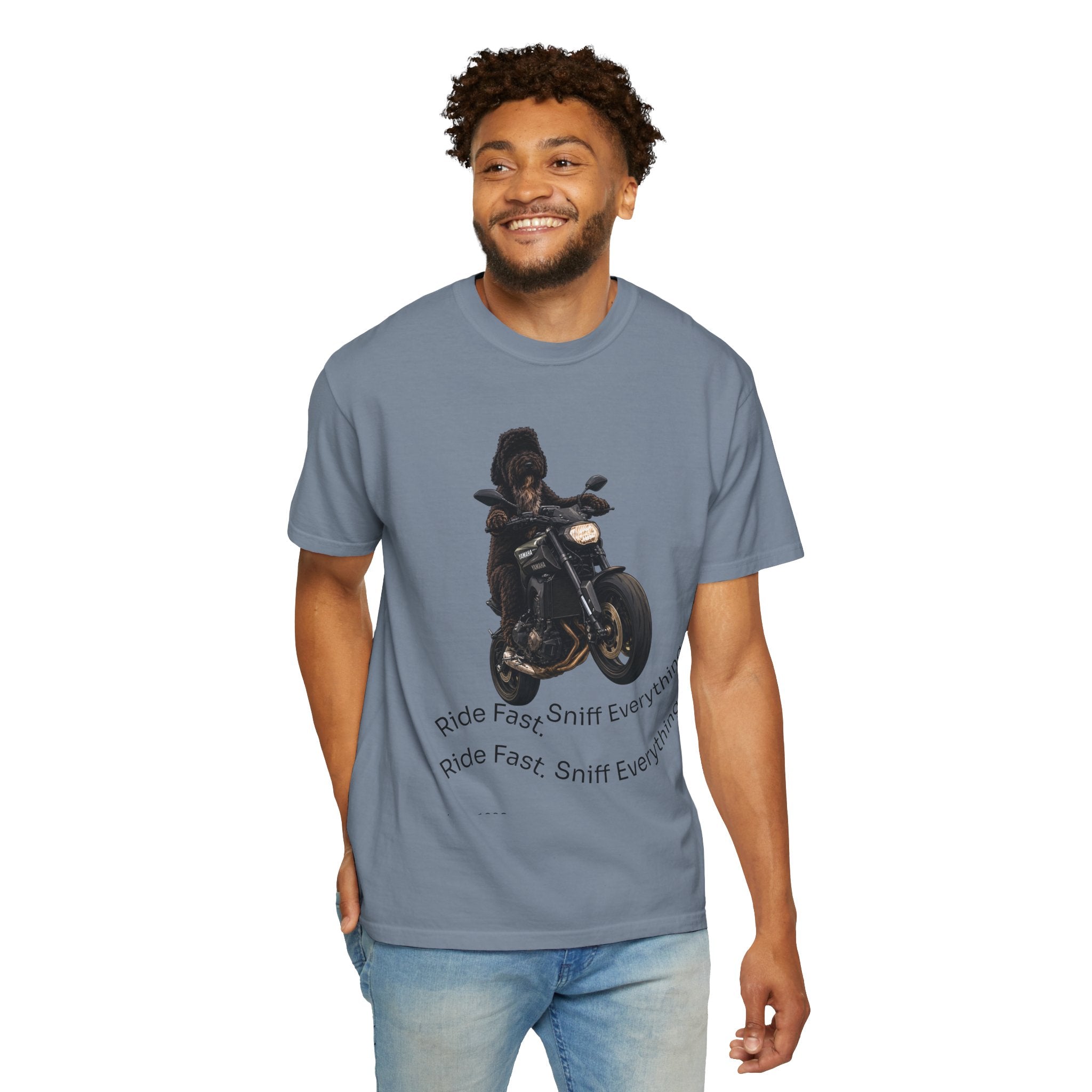 Dog Motorcycle Tee — "Ride Fast, Sniff Everything" Graphic T-Shirt