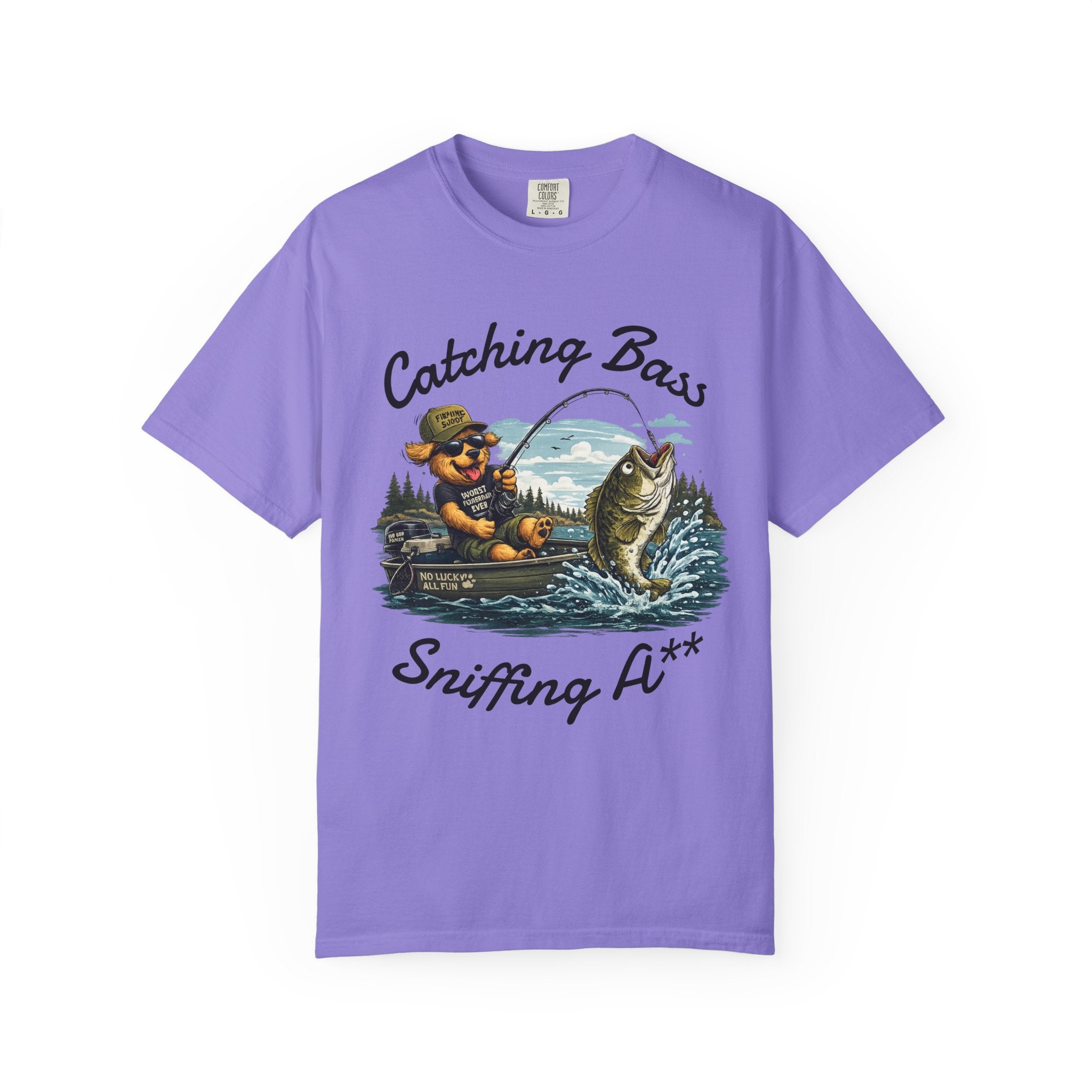 Fishing Dog T-Shirt — Cute Dog Angler in Boat Catching Big Bass