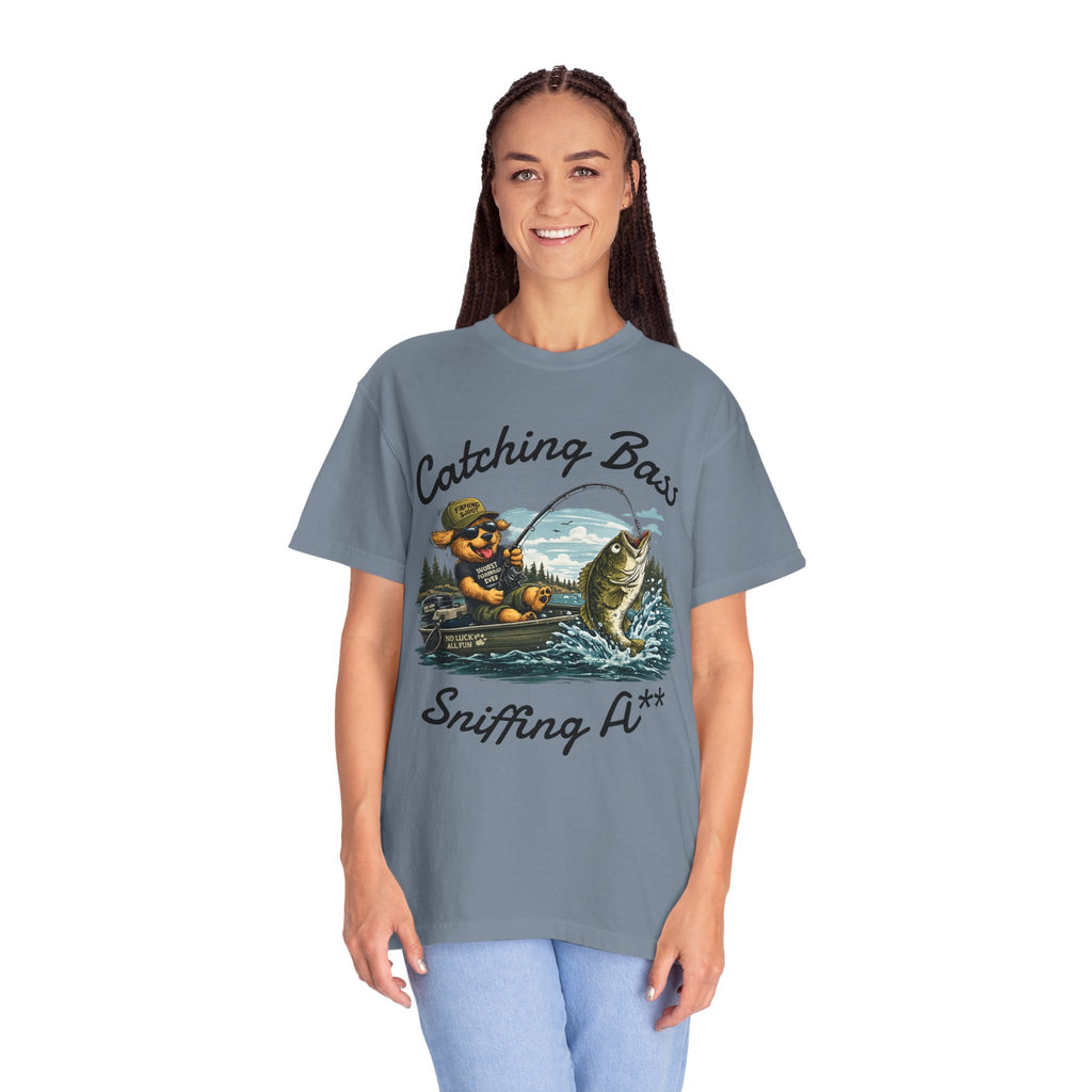Fishing Dog T-Shirt — Cute Dog Angler in Boat Catching Big Bass