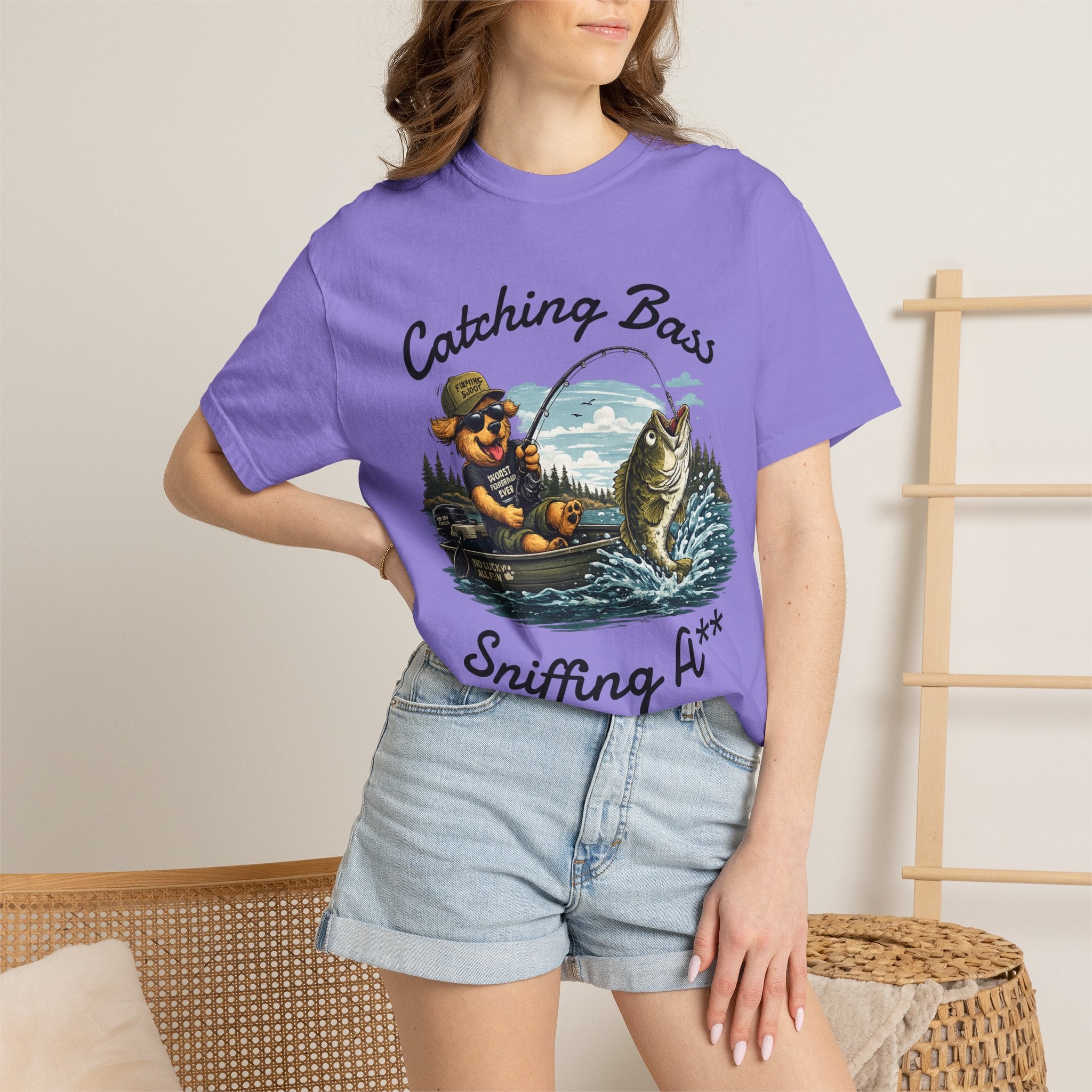 Fishing Dog T-Shirt — Cute Dog Angler in Boat Catching Big Bass