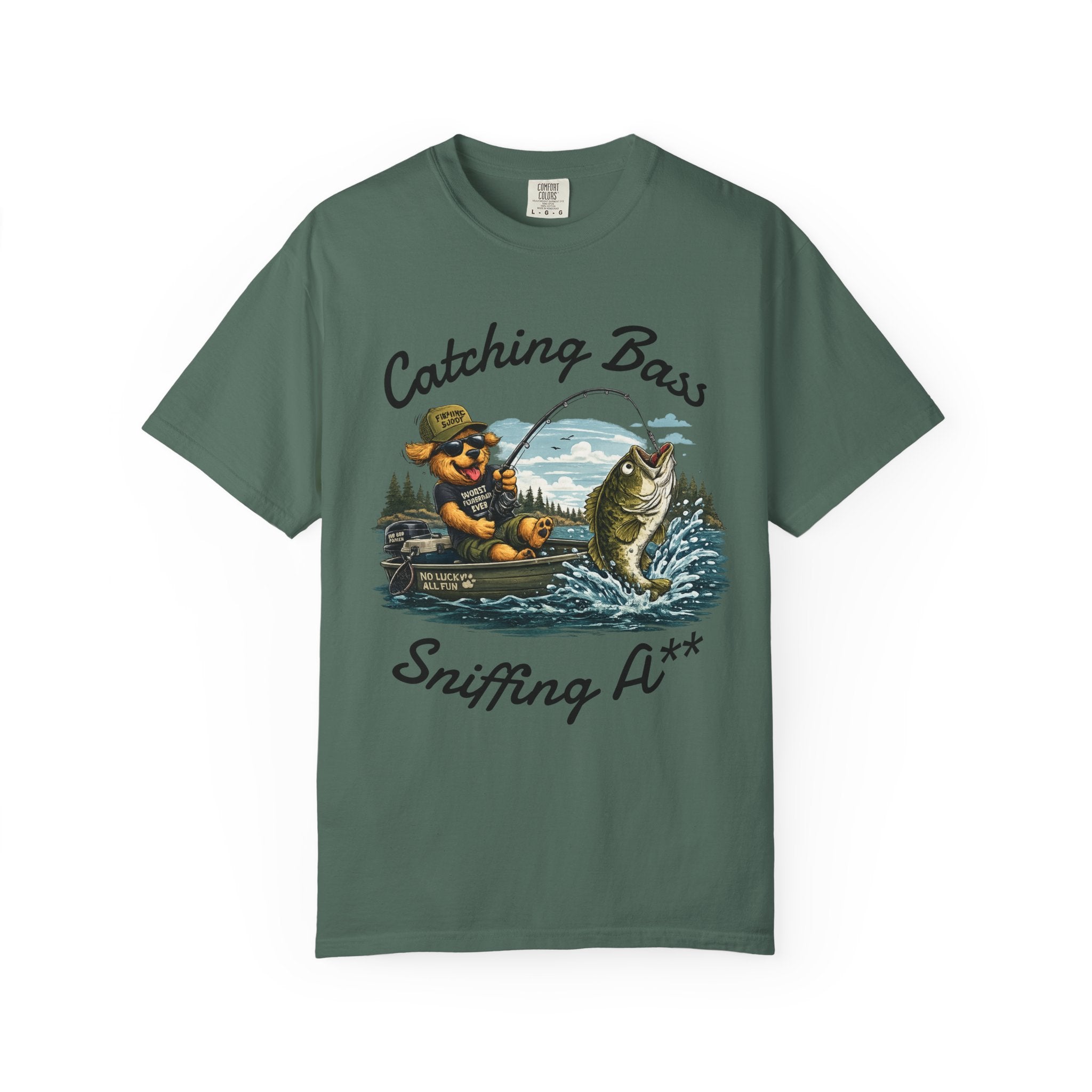 Fishing Dog T-Shirt — Cute Dog Angler in Boat Catching Big Bass
