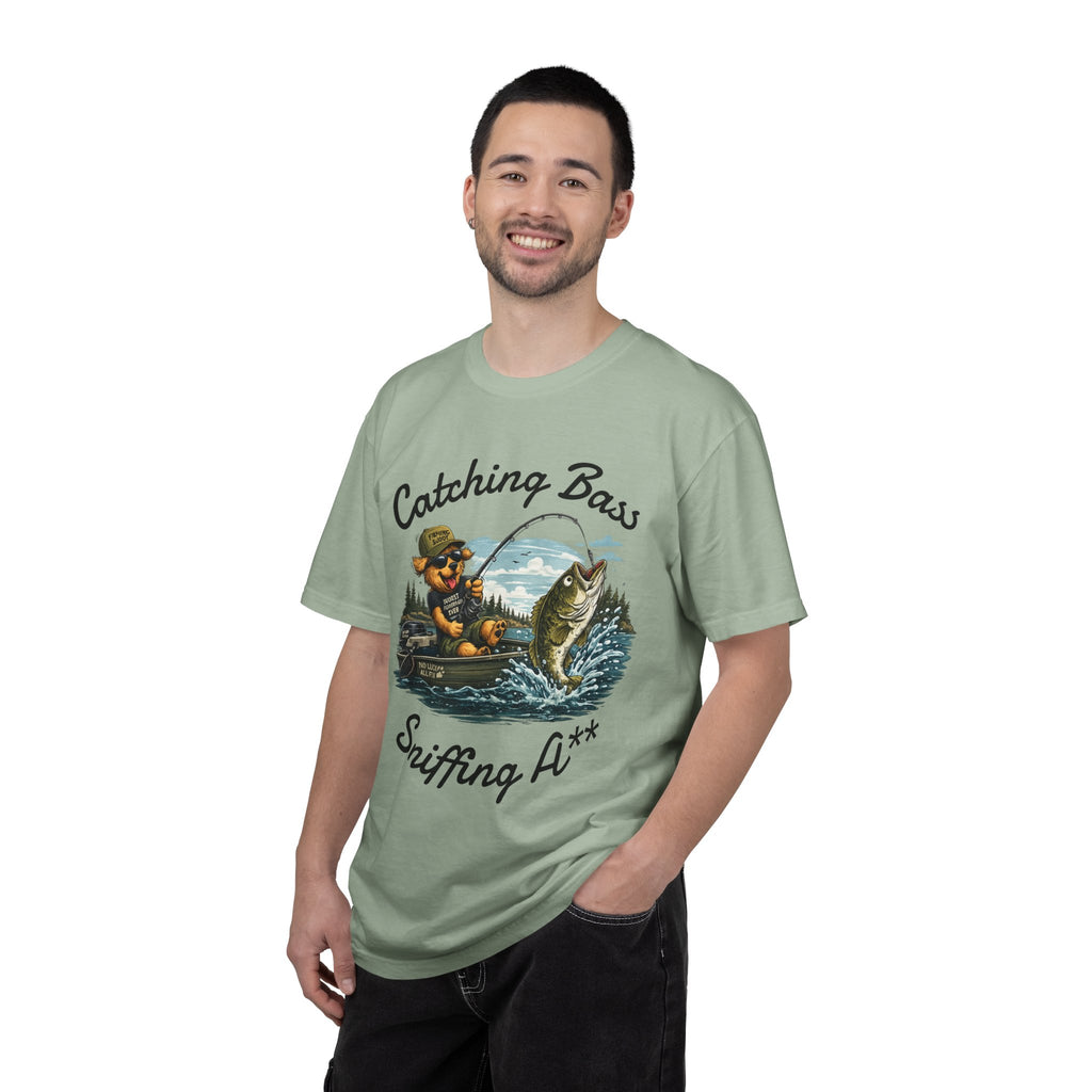 Fishing Dog T-Shirt — Cute Dog Angler in Boat Catching Big Bass