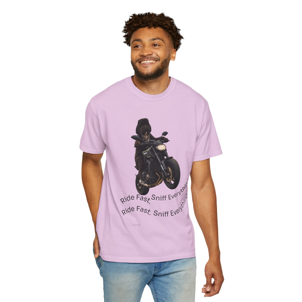 Dog Motorcycle Tee — "Ride Fast, Sniff Everything" Graphic T-Shirt