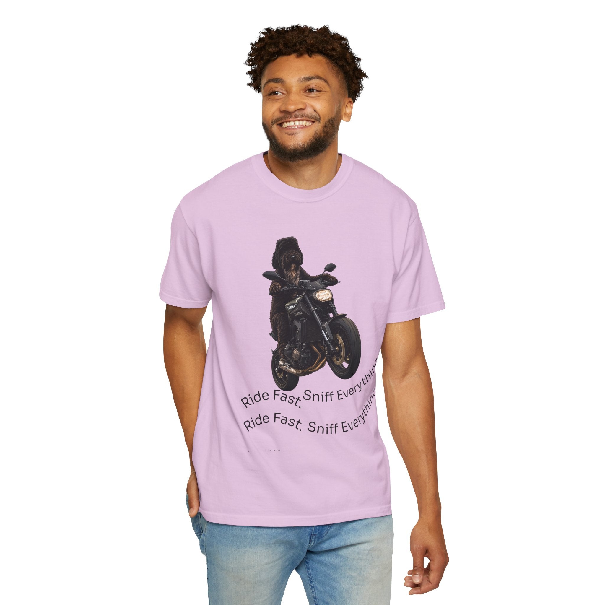 Dog Motorcycle Tee — "Ride Fast, Sniff Everything" Graphic T-Shirt