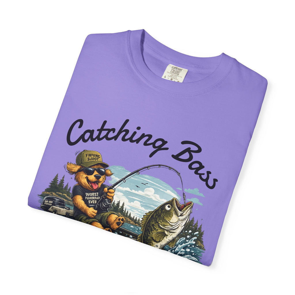 Fishing Dog T-Shirt — Cute Dog Angler in Boat Catching Big Bass