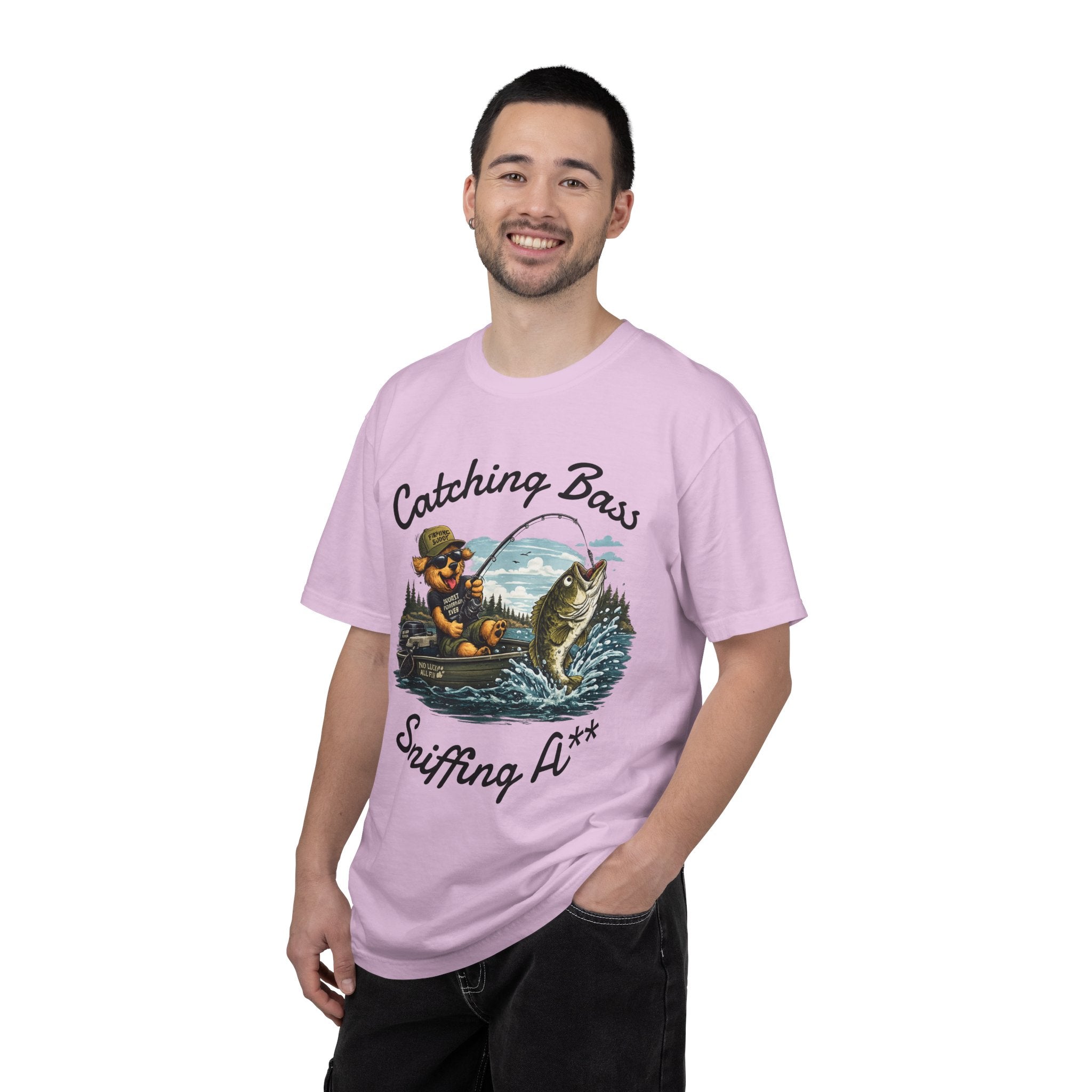 Fishing Dog T-Shirt — Cute Dog Angler in Boat Catching Big Bass