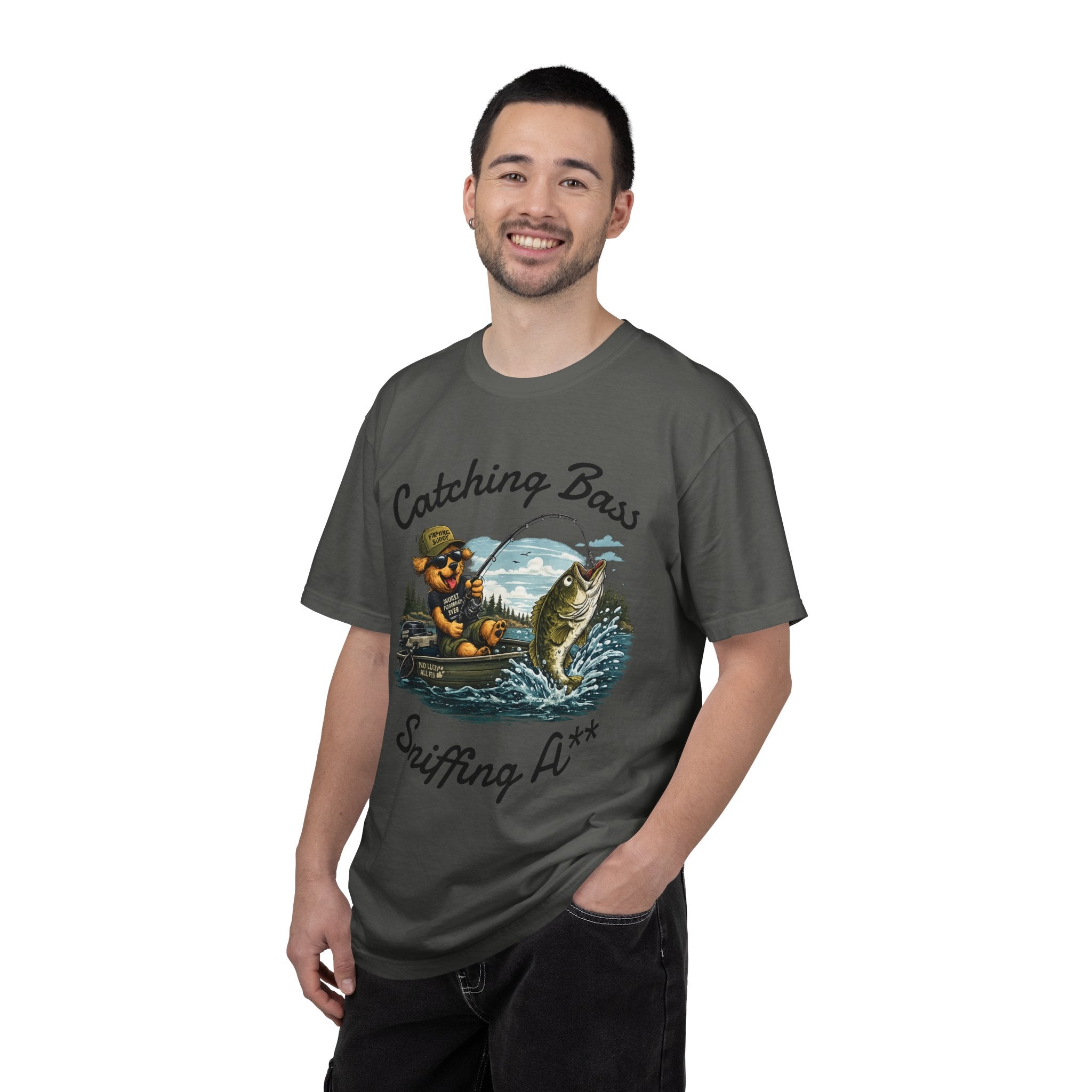 Fishing Dog T-Shirt — Cute Dog Angler in Boat Catching Big Bass
