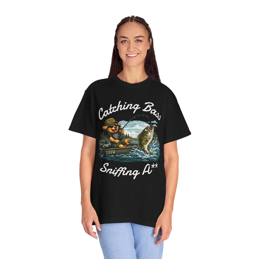 Fishing Dog T-Shirt — Cute Dog Angler in Boat Catching Big Bass