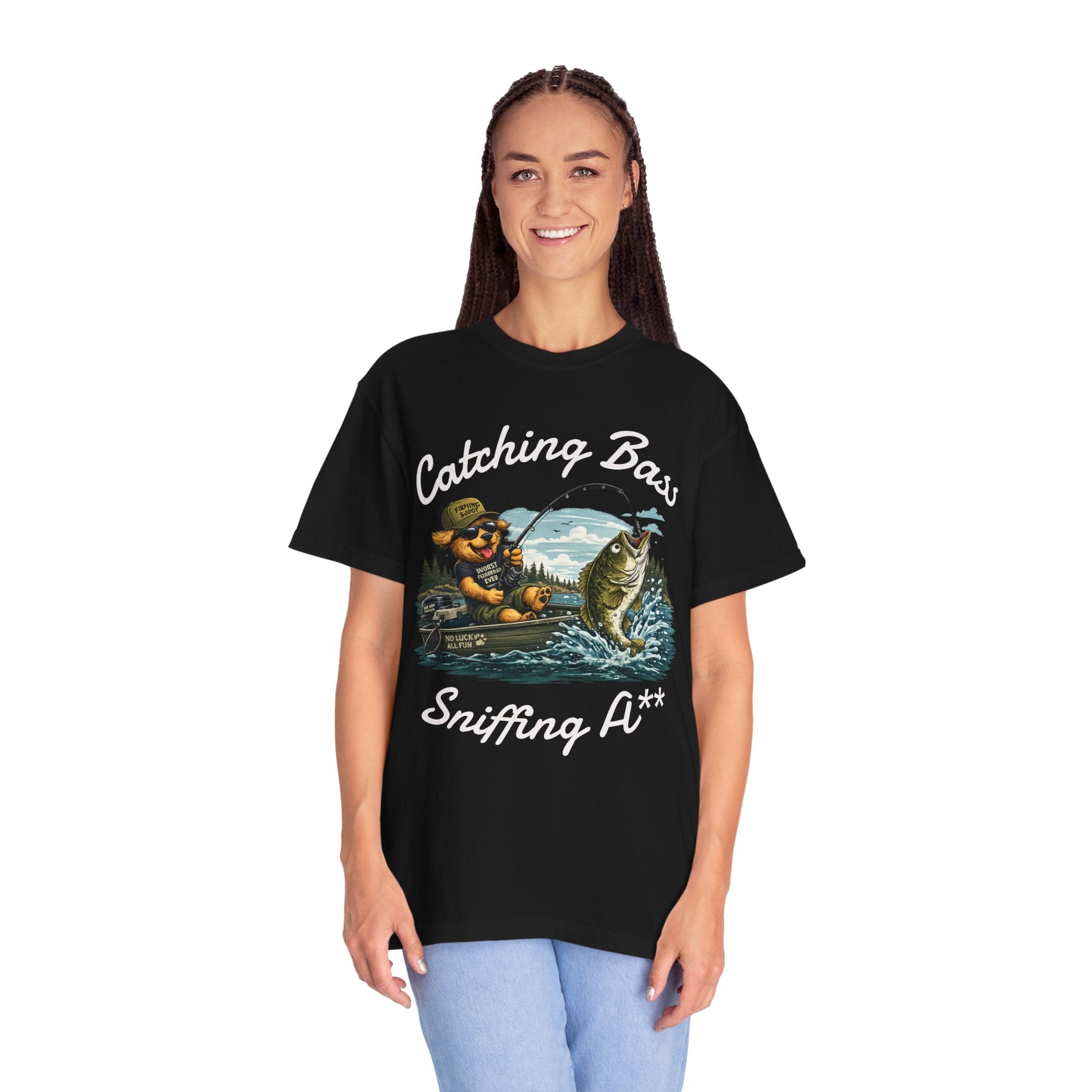 Fishing Dog T-Shirt — Cute Dog Angler in Boat Catching Big Bass
