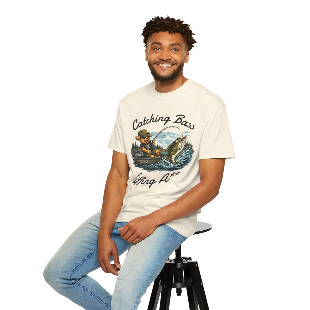 Fishing Dog T-Shirt — Cute Dog Angler in Boat Catching Big Bass