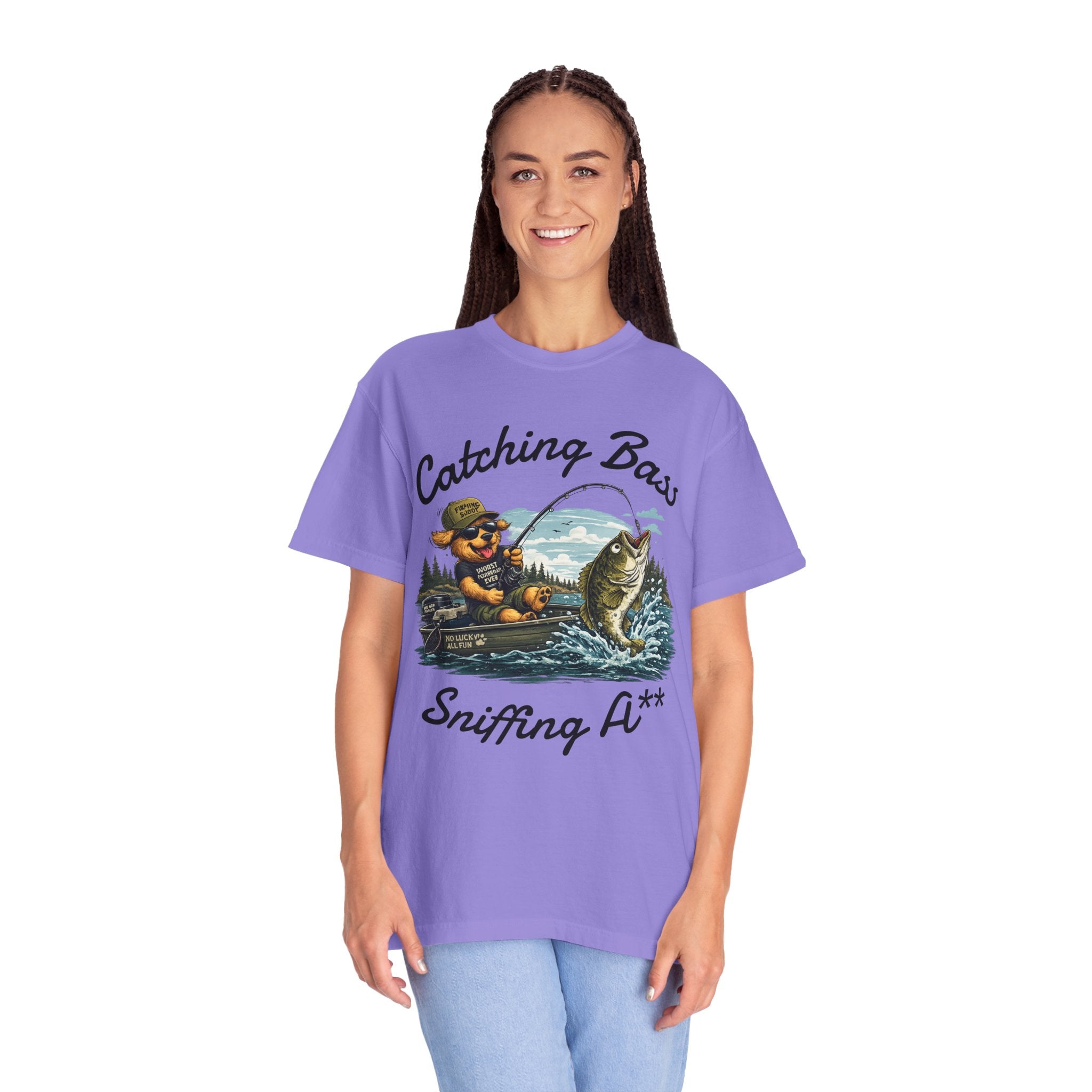 Fishing Dog T-Shirt — Cute Dog Angler in Boat Catching Big Bass