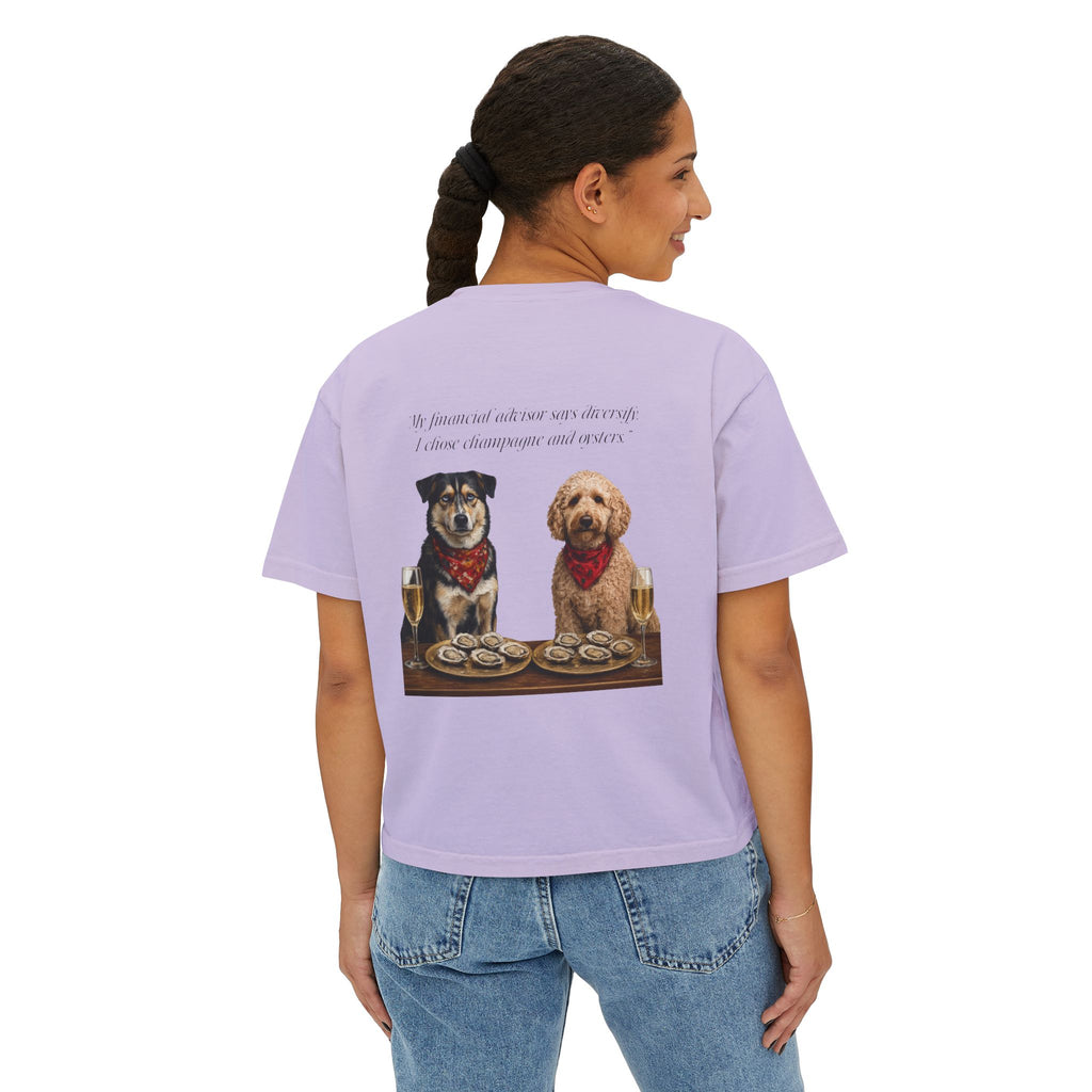 Barnshire CC "Champagne Dogs" Boxy Tee — Cute Dogs & Oysters Graphic