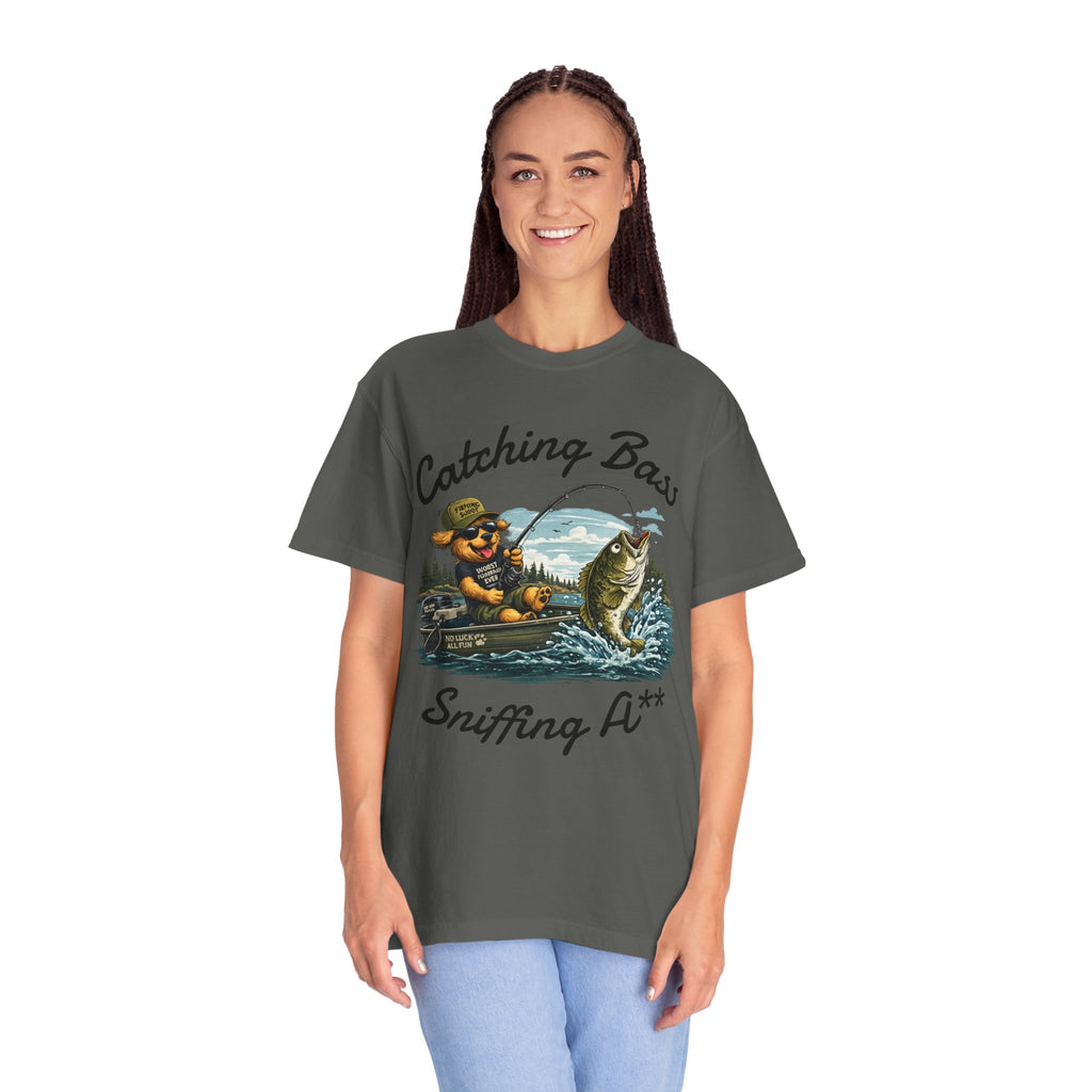 Fishing Dog T-Shirt — Cute Dog Angler in Boat Catching Big Bass