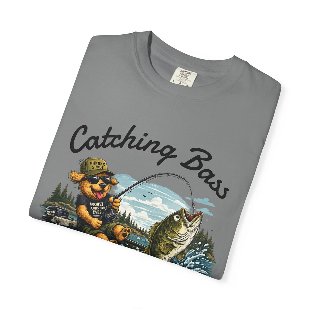 Fishing Dog T-Shirt — Cute Dog Angler in Boat Catching Big Bass