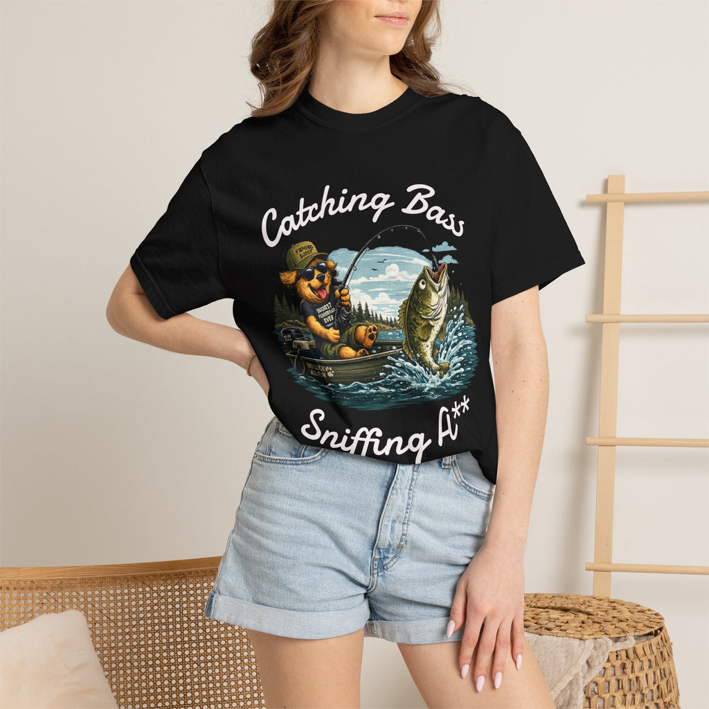 Fishing Dog T-Shirt — Cute Dog Angler in Boat Catching Big Bass