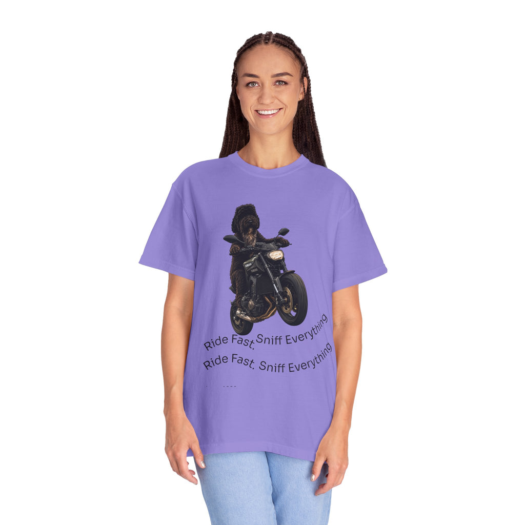 Dog Motorcycle Tee — "Ride Fast, Sniff Everything" Graphic T-Shirt