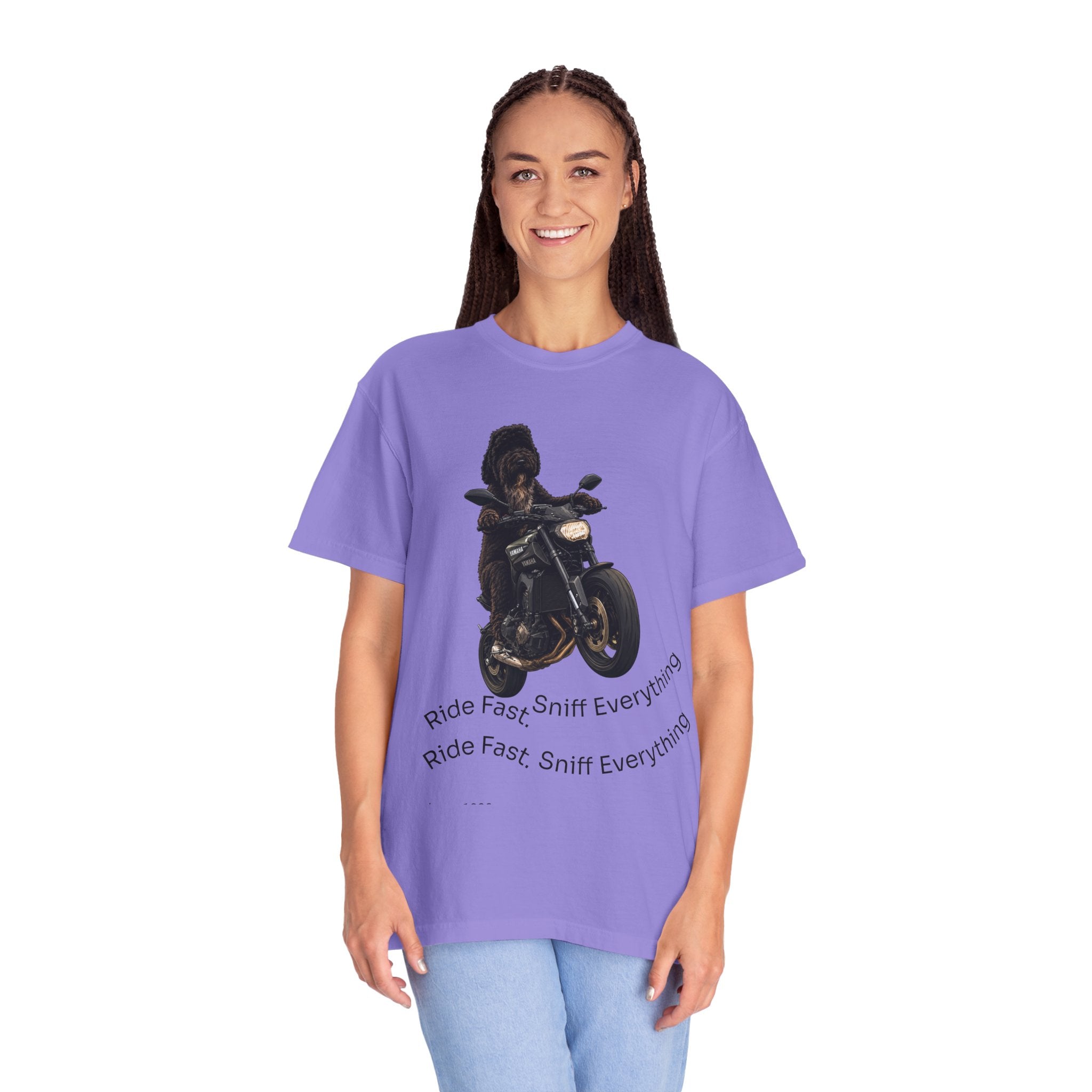 Dog Motorcycle Tee — "Ride Fast, Sniff Everything" Graphic T-Shirt