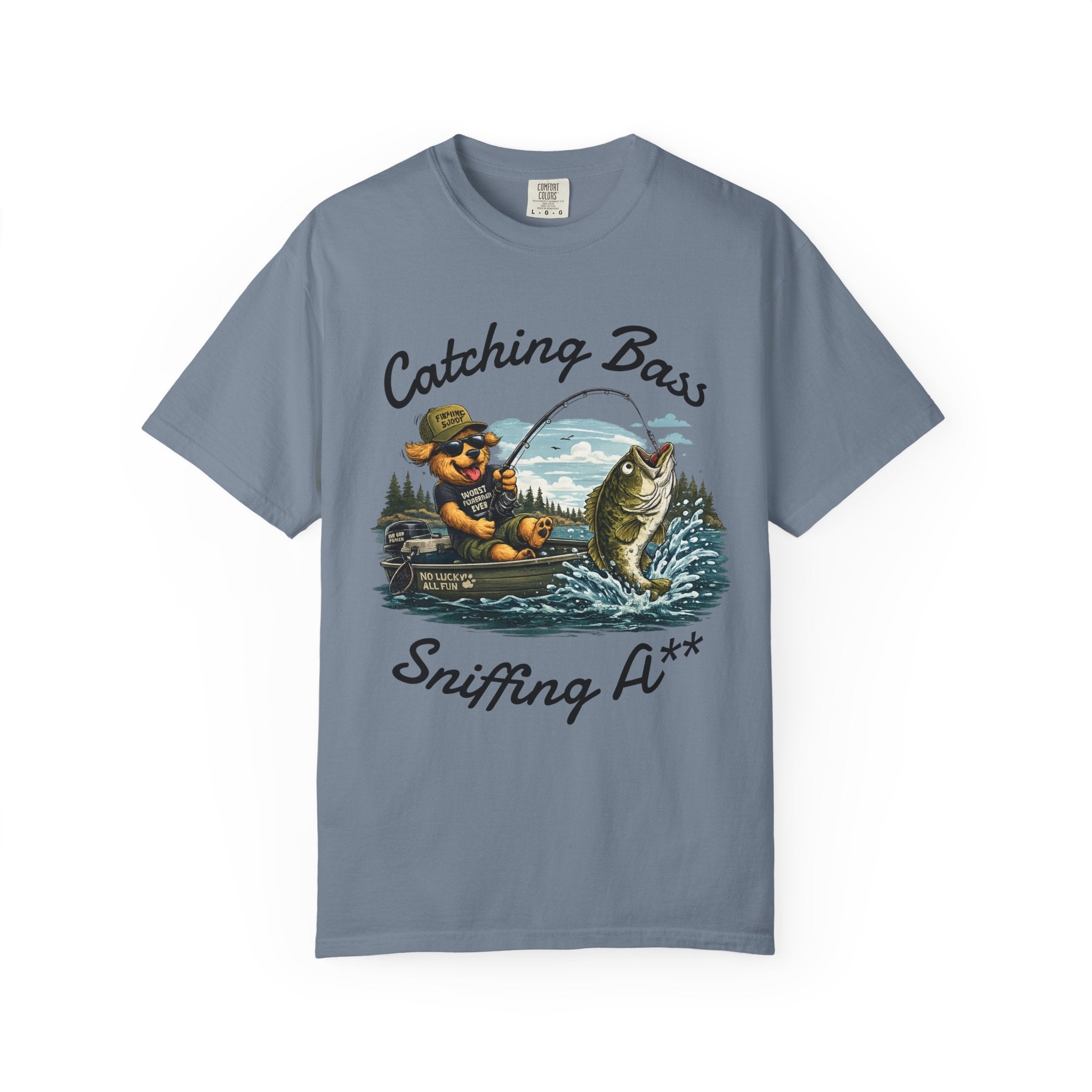 Fishing Dog T-Shirt — Cute Dog Angler in Boat Catching Big Bass